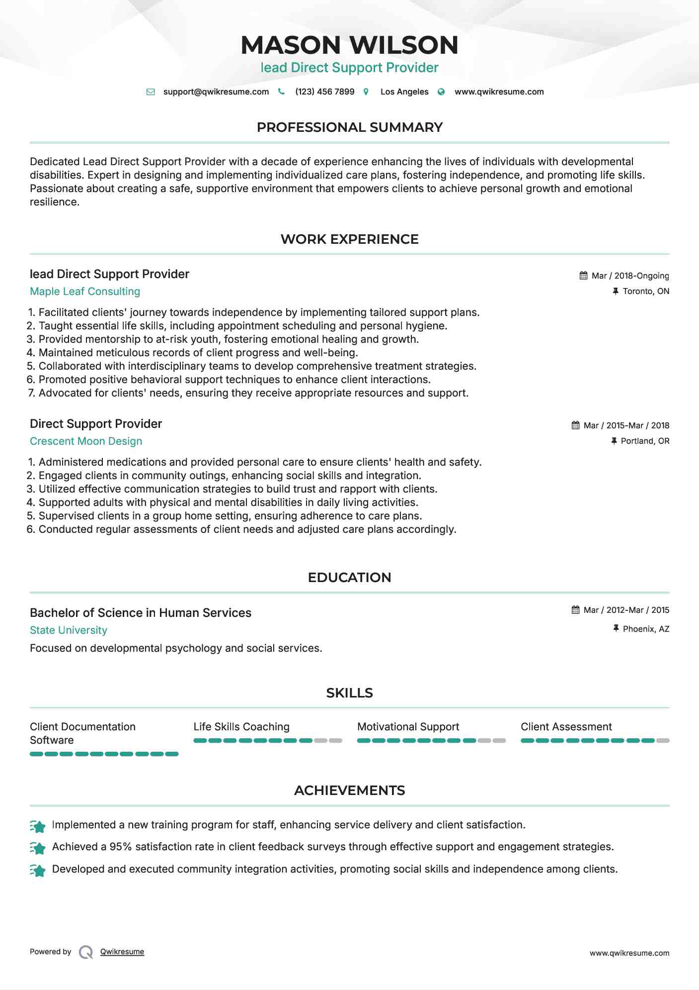 lead Direct Support Provider  Resume Format