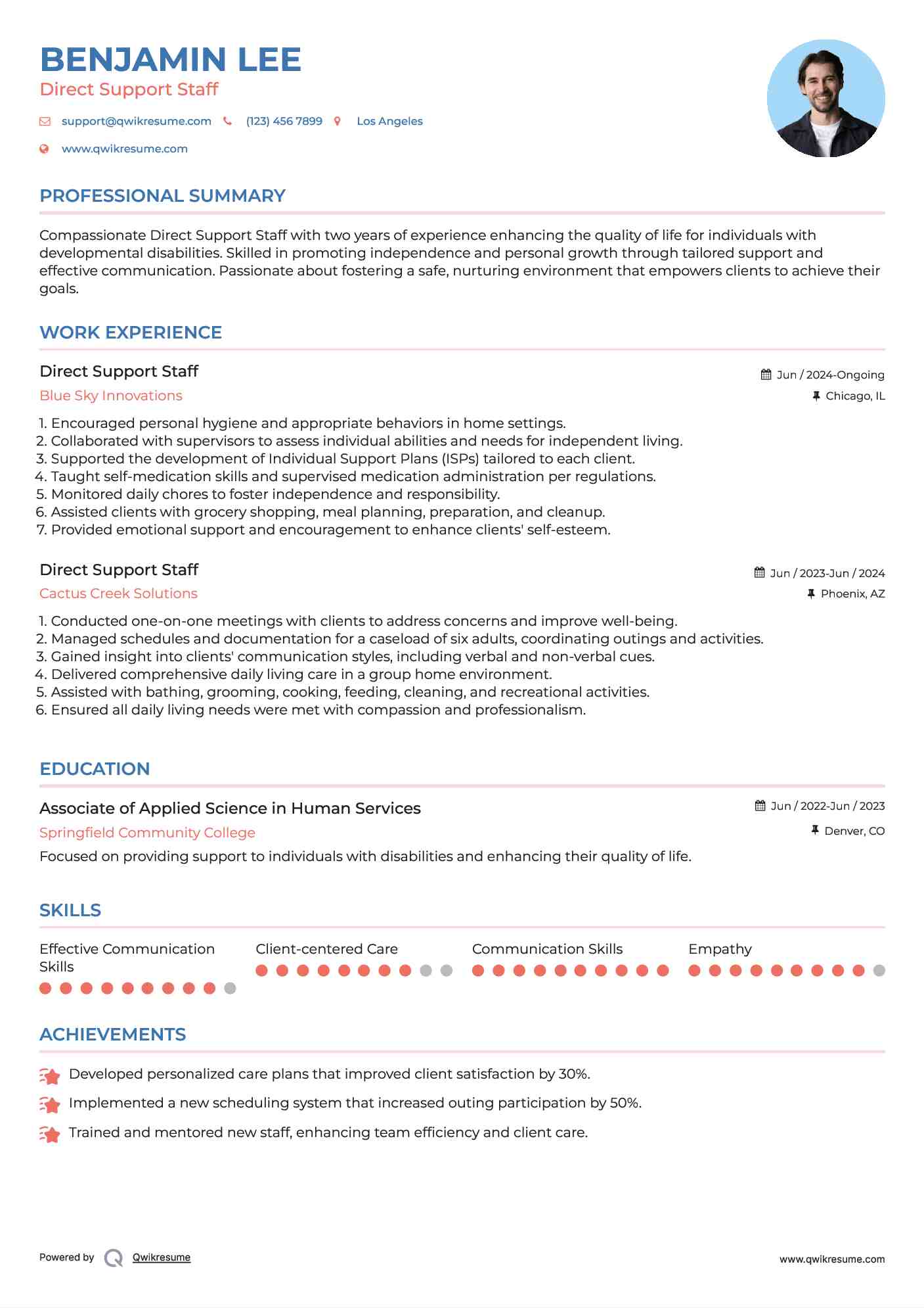 Direct Support Staff Resume Template