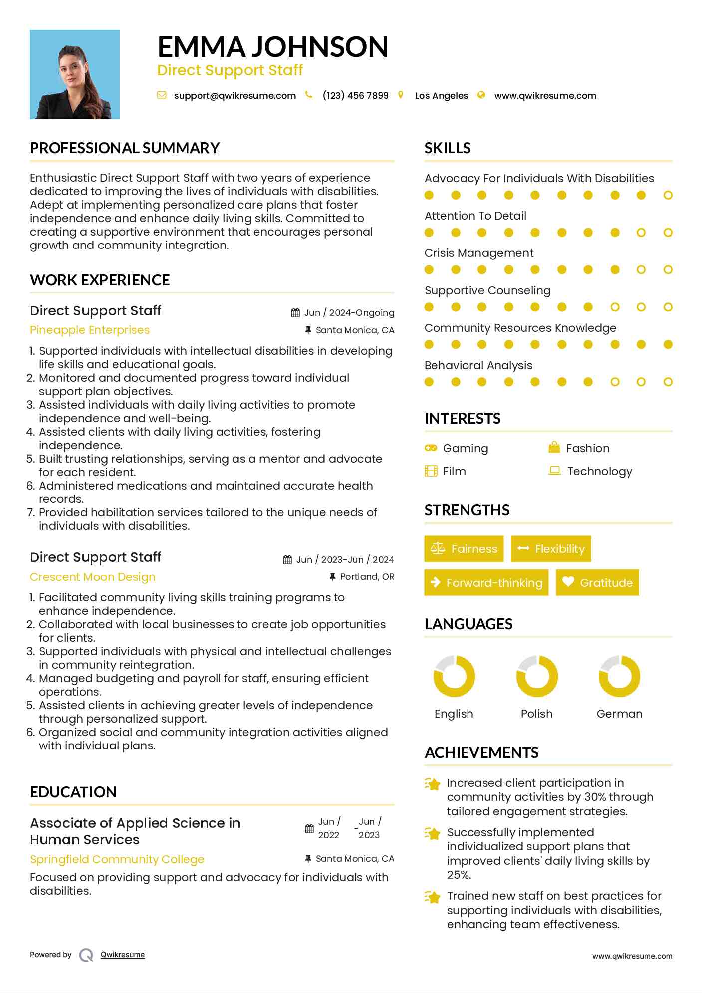 Direct Support Staff Resume Sample