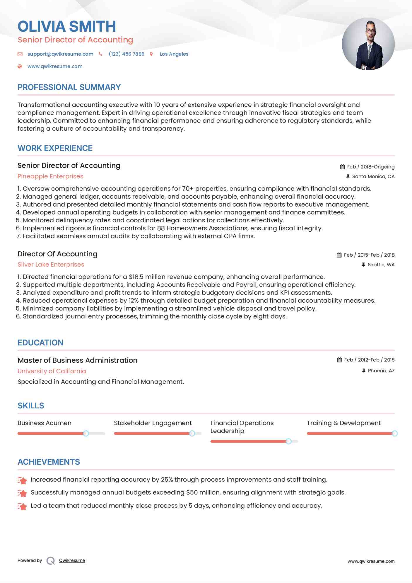 Senior Director of Accounting Resume Example