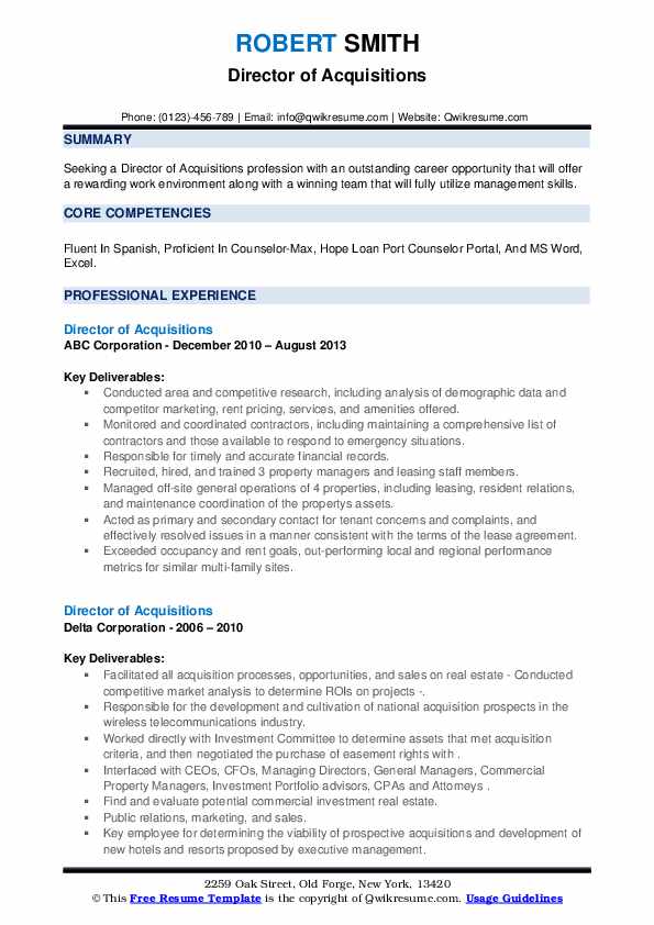 Director of Acquisitions Resume Samples QwikResume