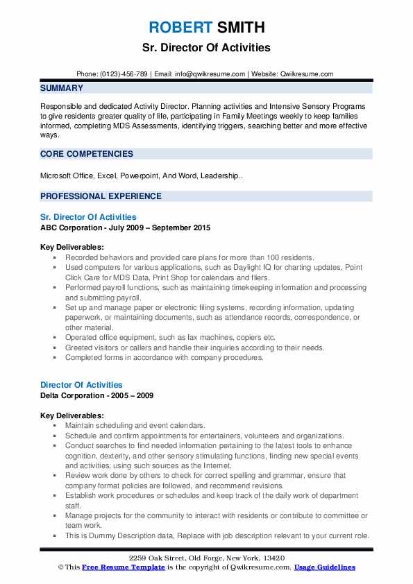 Director Of Activities Resume Samples QwikResume