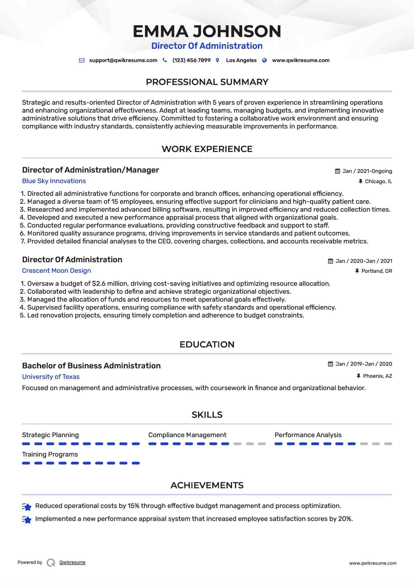 Director of Administration/Manager Resume Model