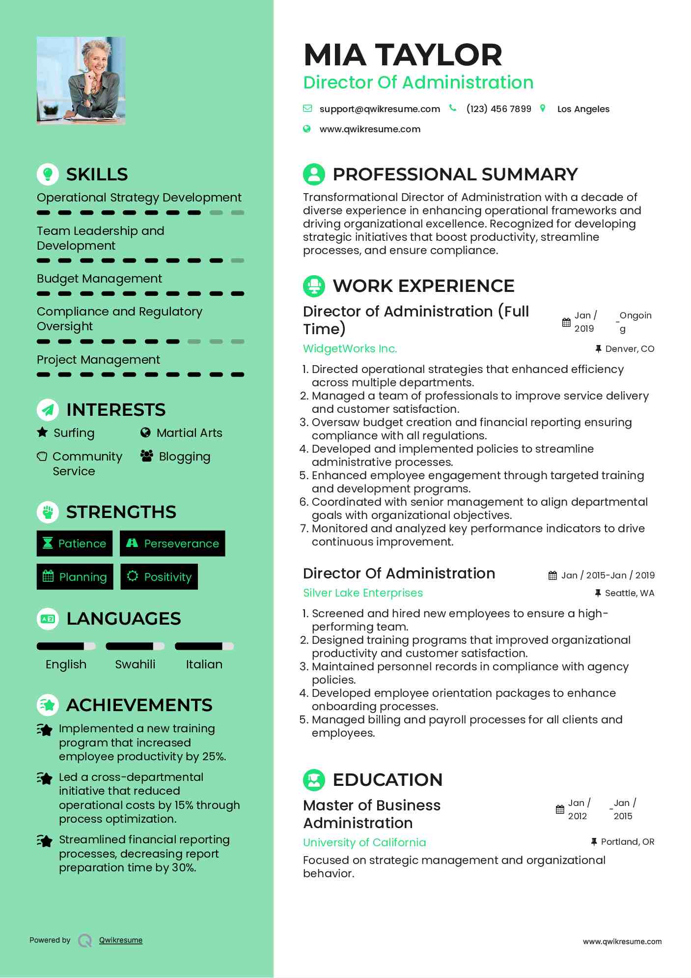 Director of Administration (Full Time) Resume Format