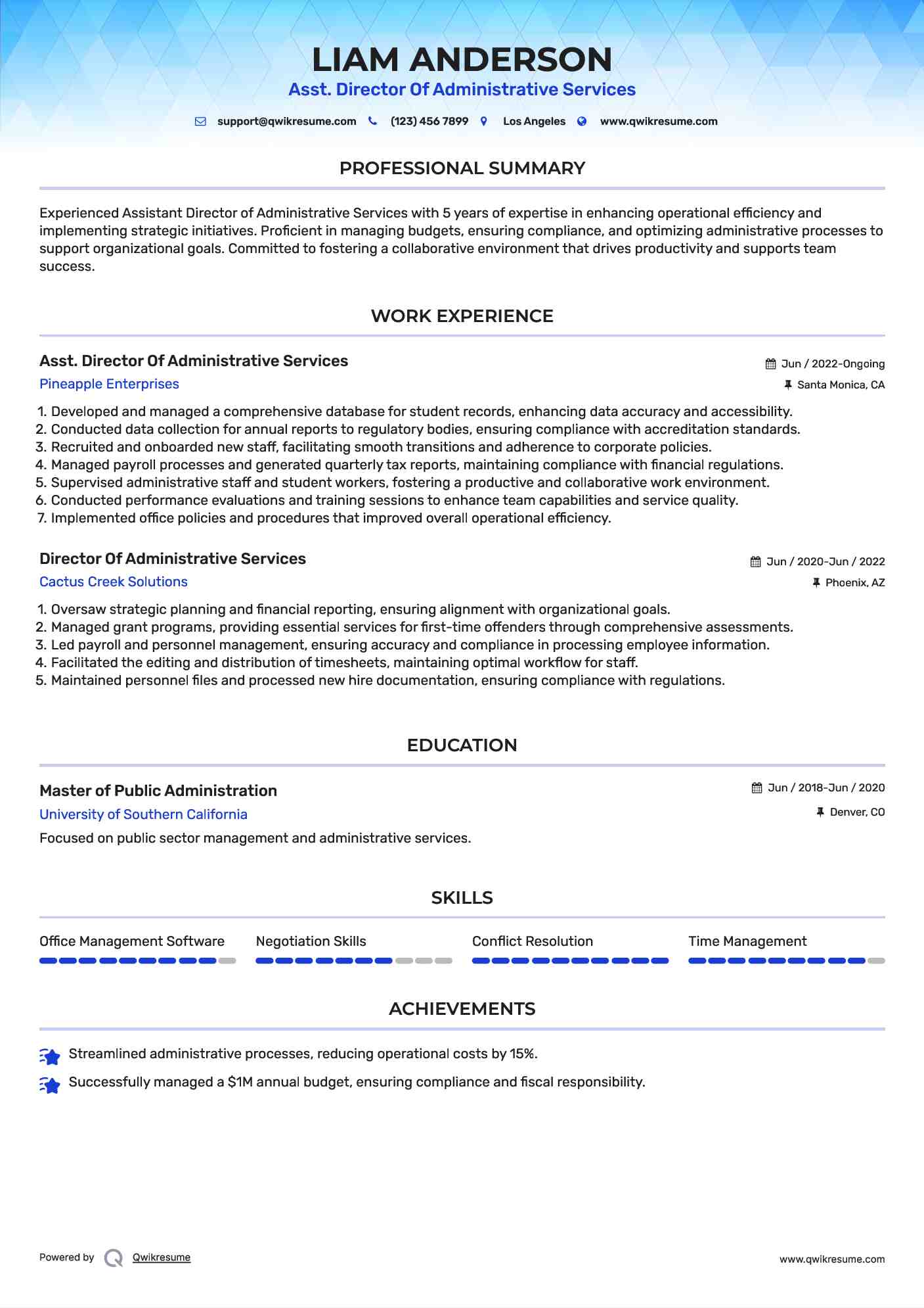 Asst. Director Of Administrative Services Resume Template