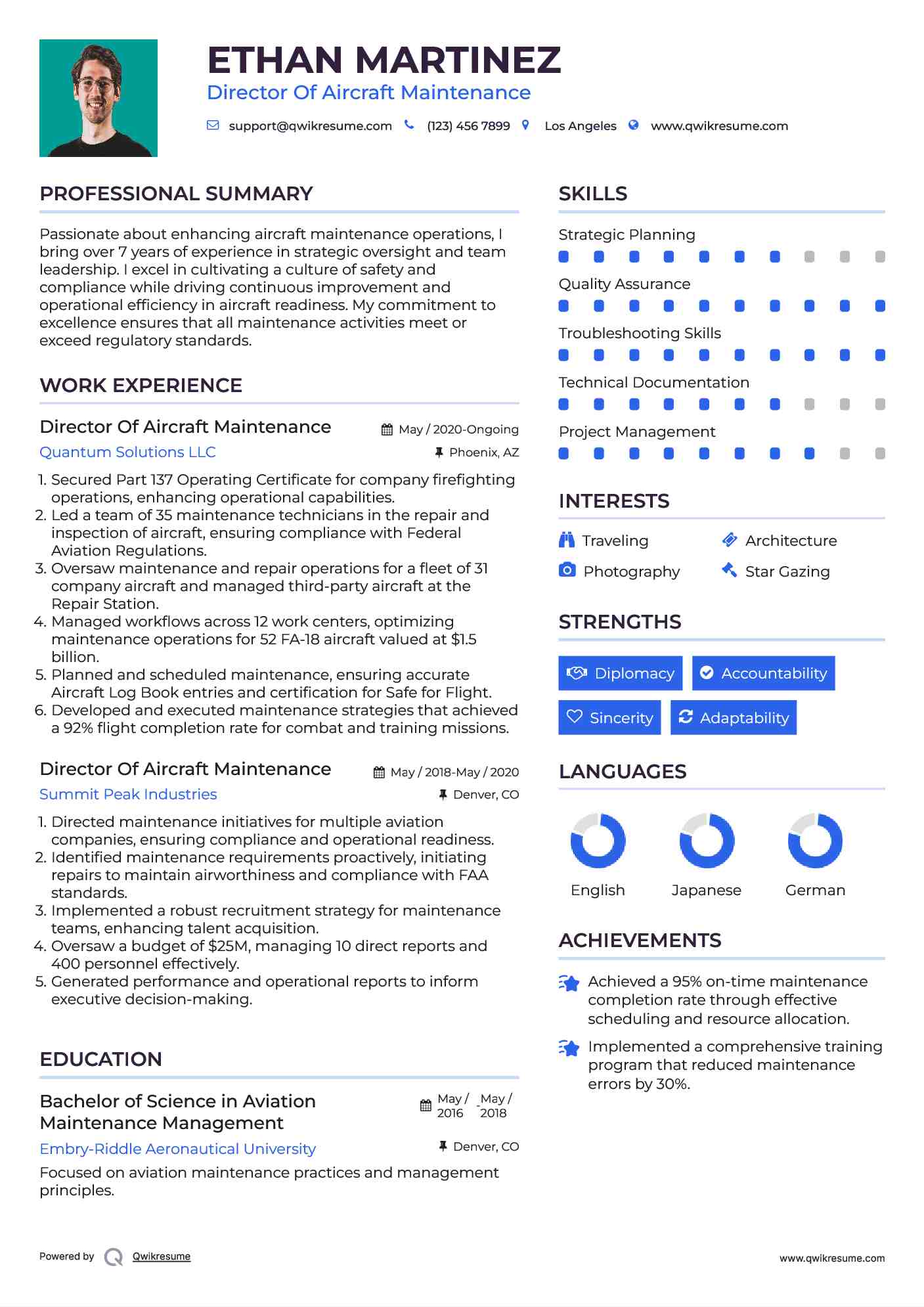 Director Of Aircraft Maintenance Resume Template