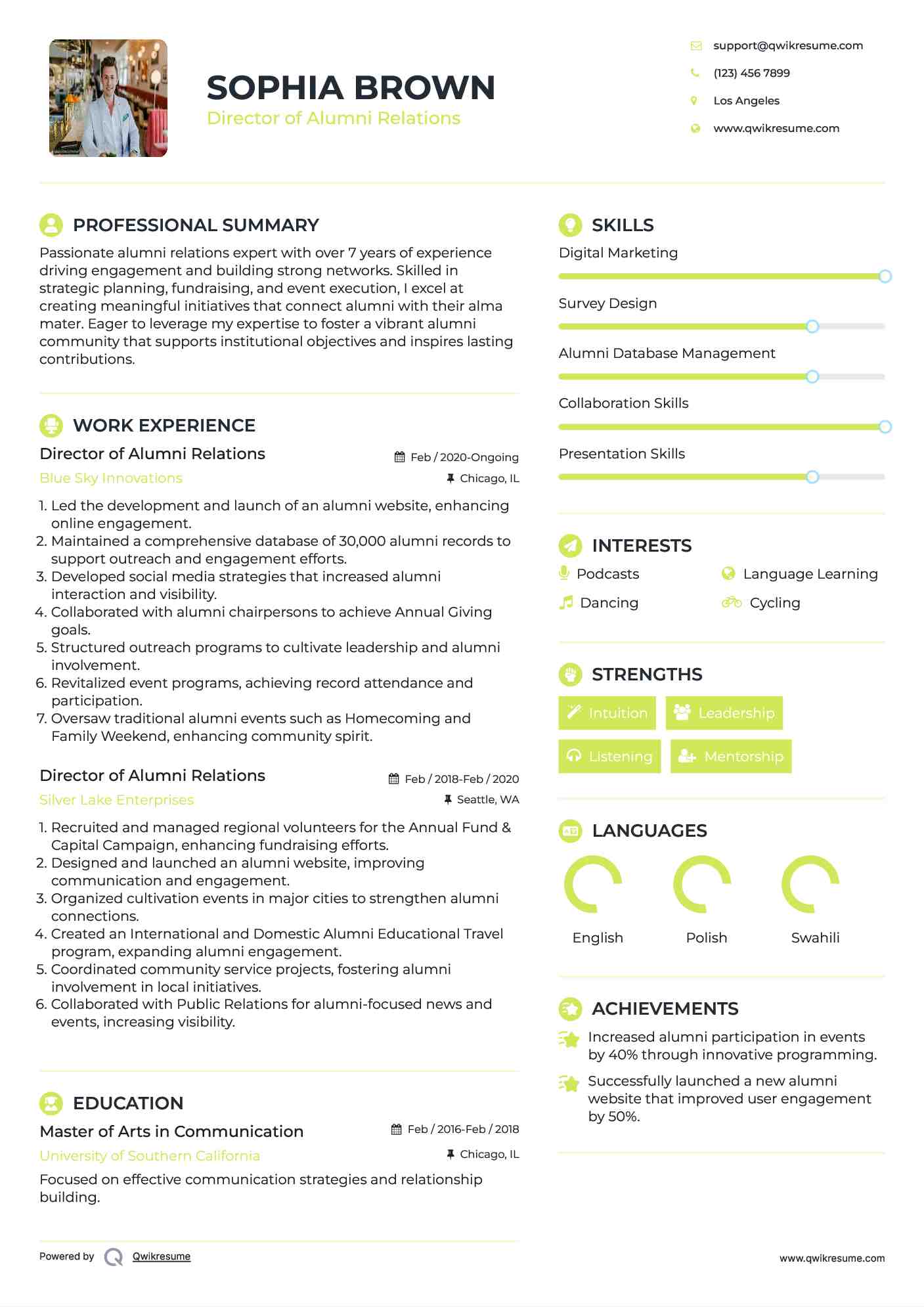 Director of Alumni Relations Resume Sample