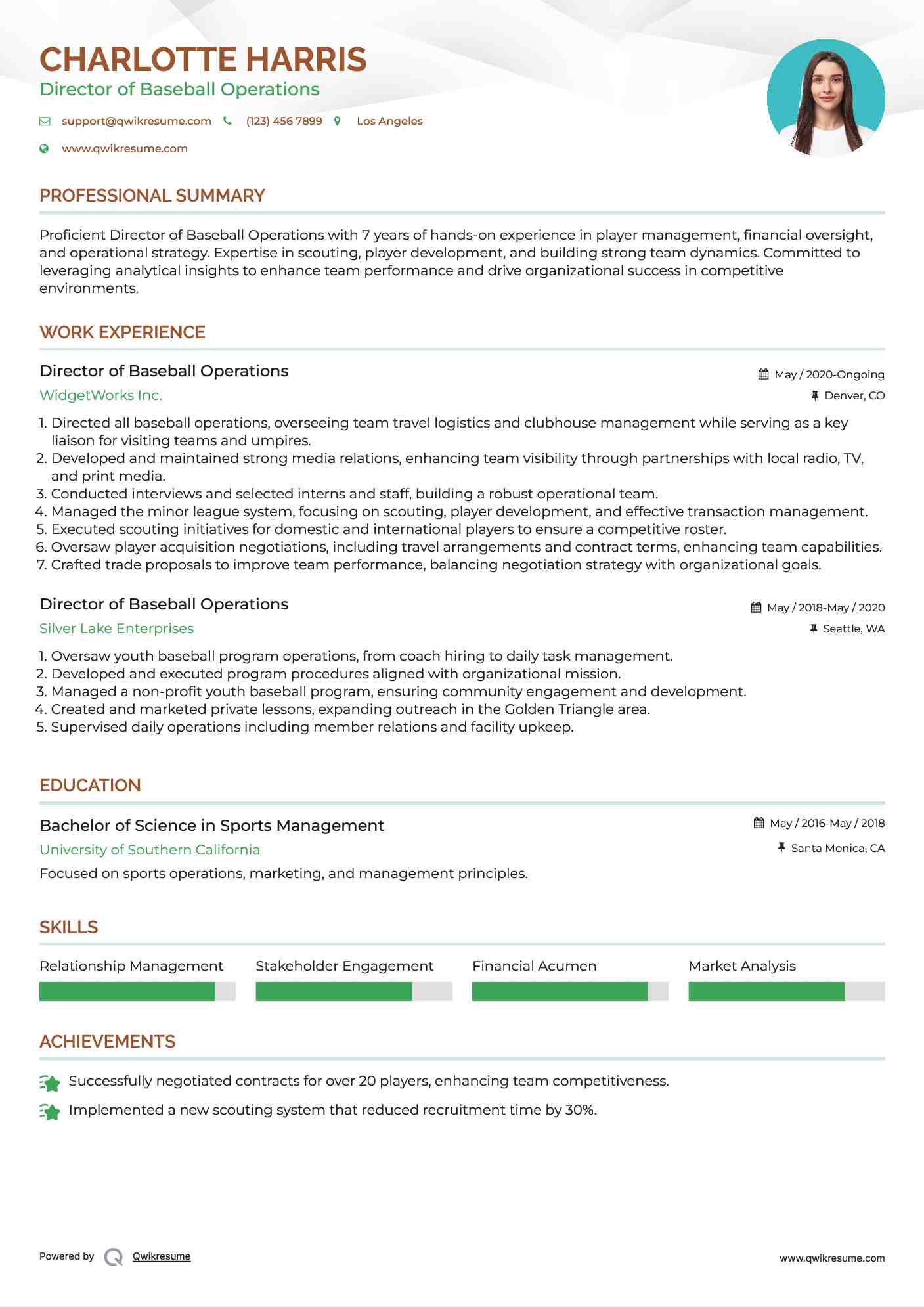 Director of Baseball Operations Resume Model