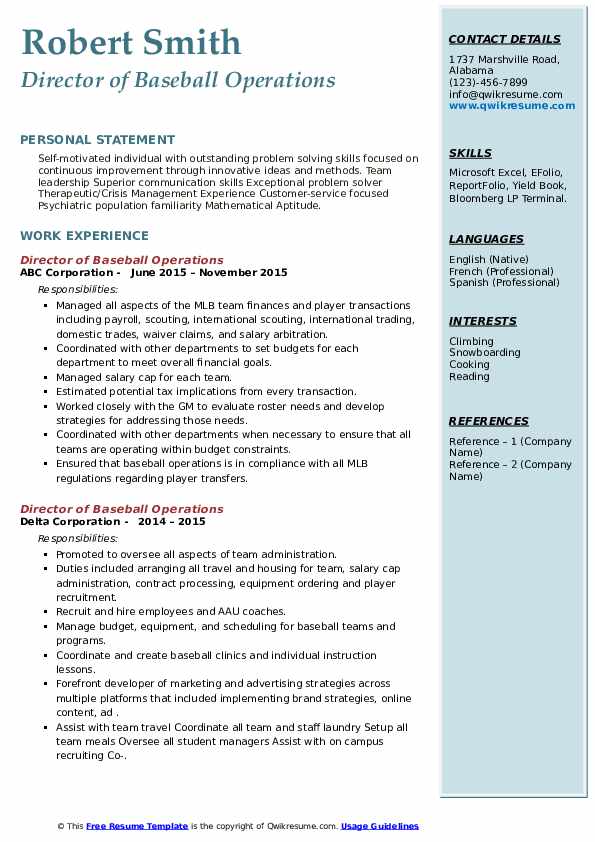 Director Of Baseball Operations Resume Samples QwikResume
