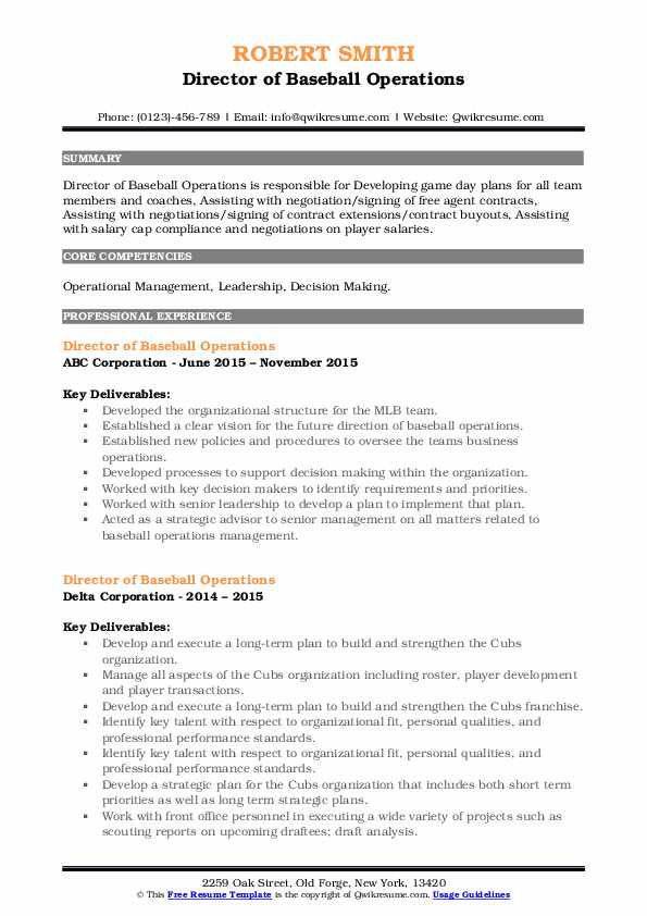 Director Of Baseball Operations Resume Samples QwikResume