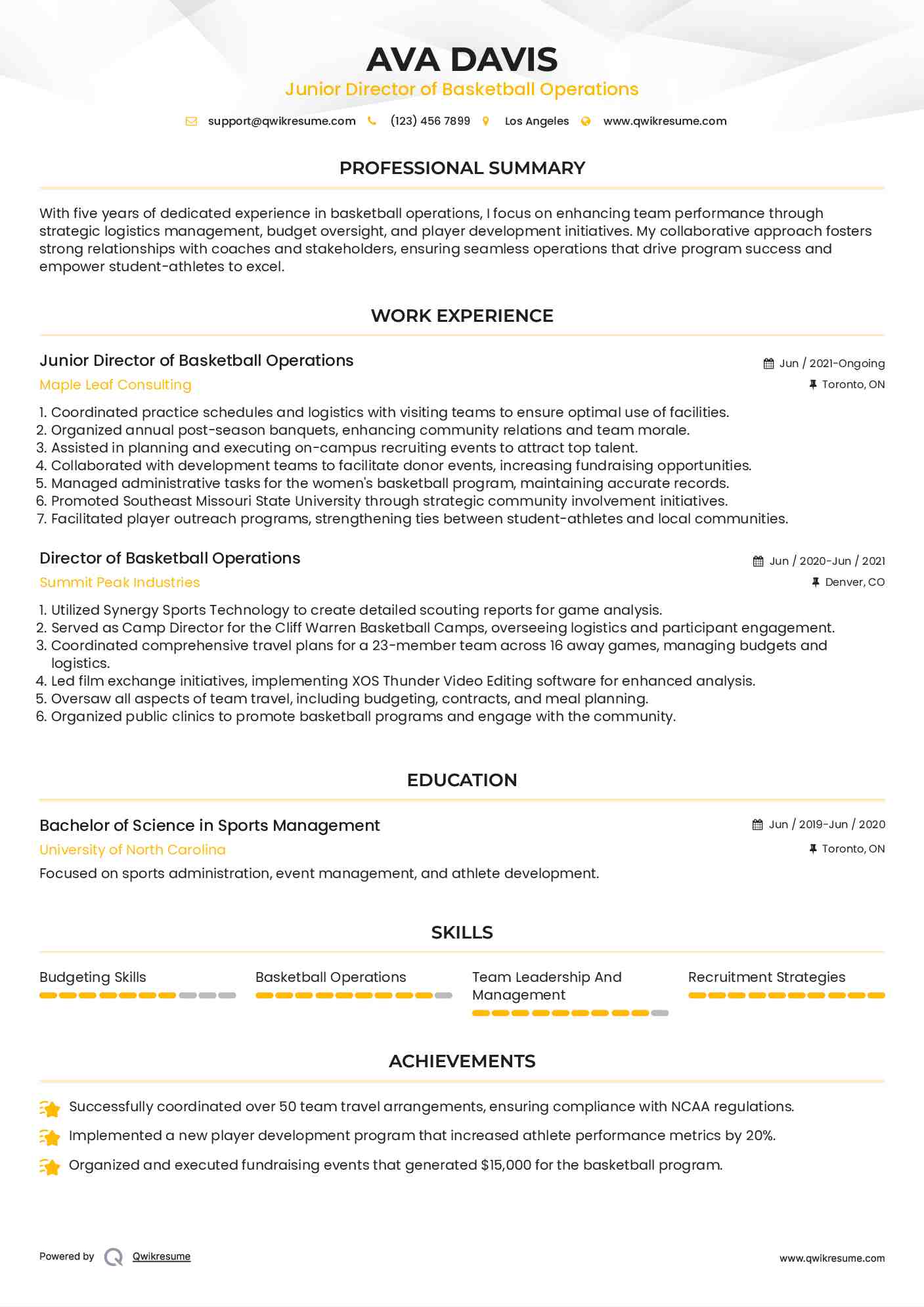 Junior Director of Basketball Operations Resume Model