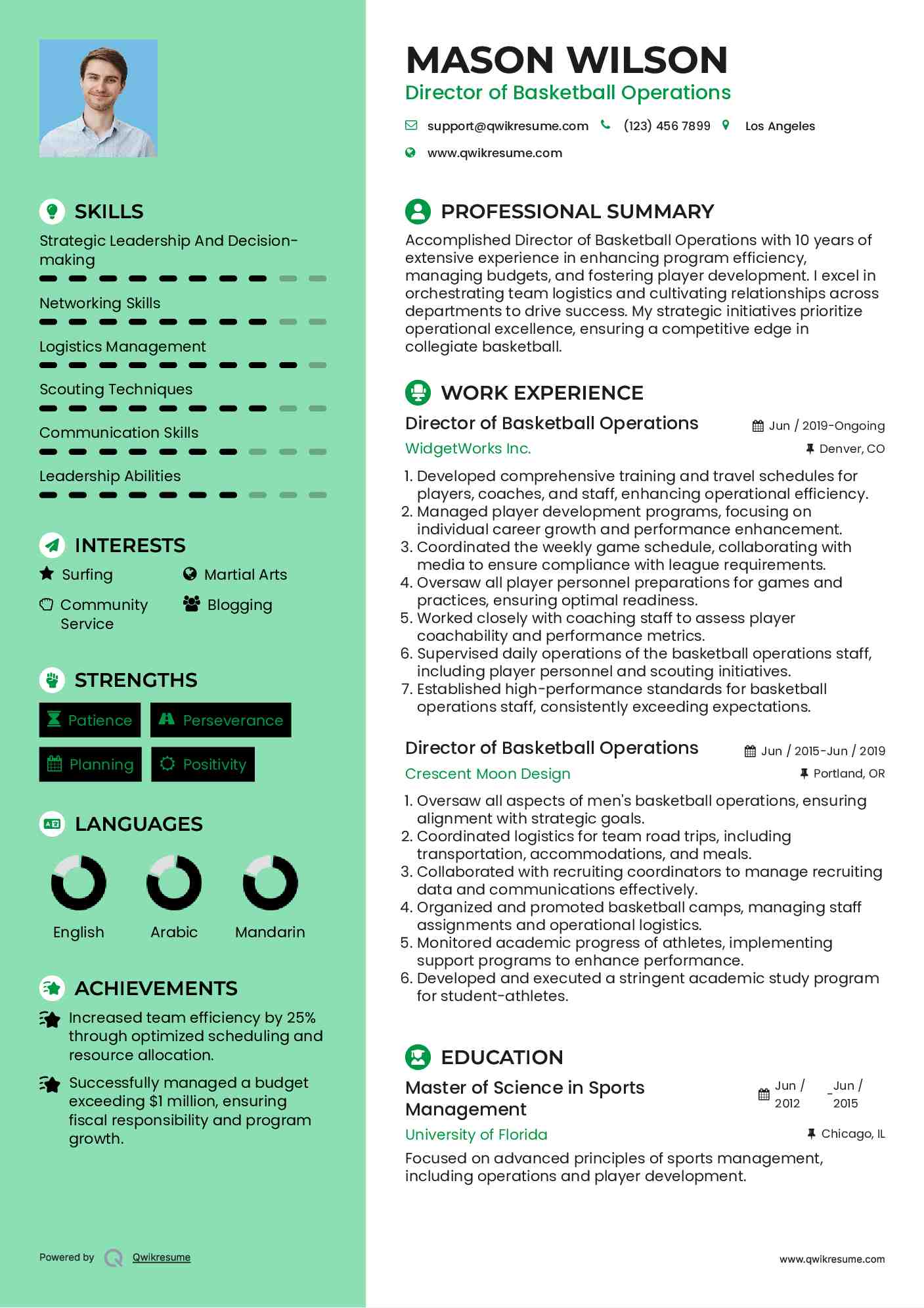 Director of Basketball Operations Resume Model