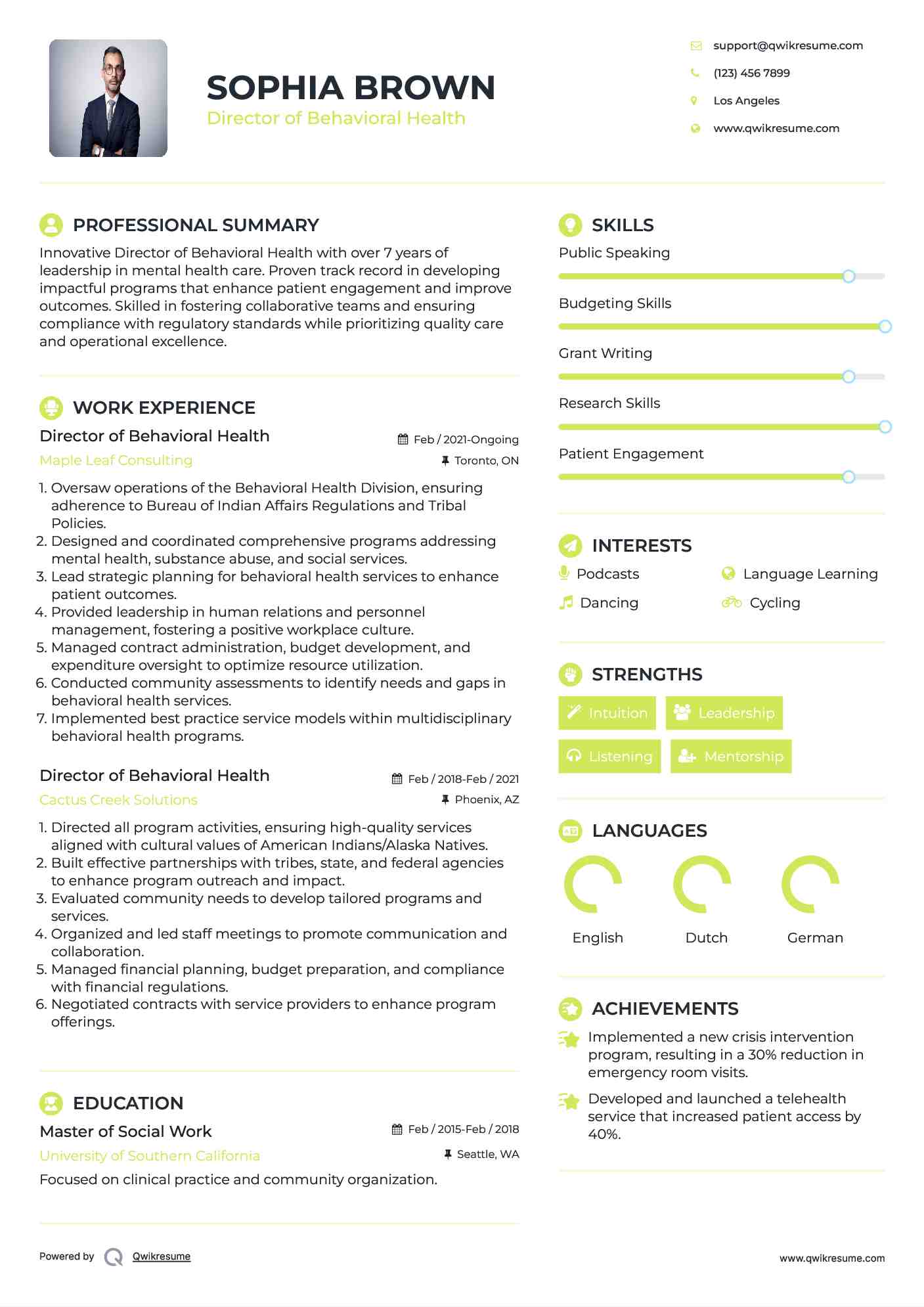 Director of Behavioral Health Resume Example