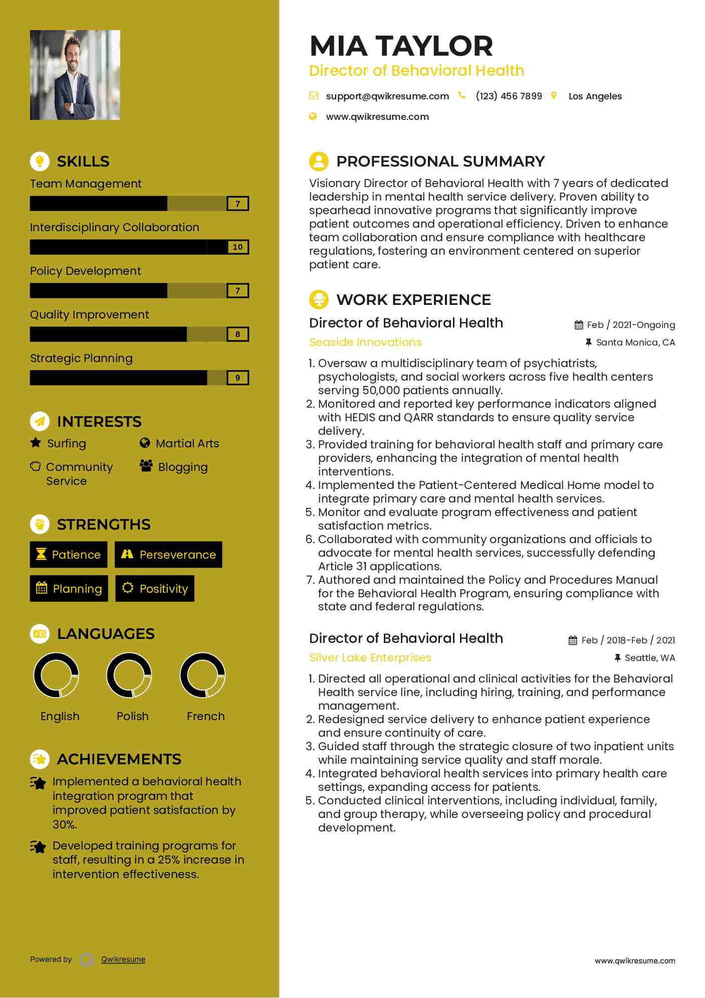 Director of Behavioral Health Resume Samples QwikResume