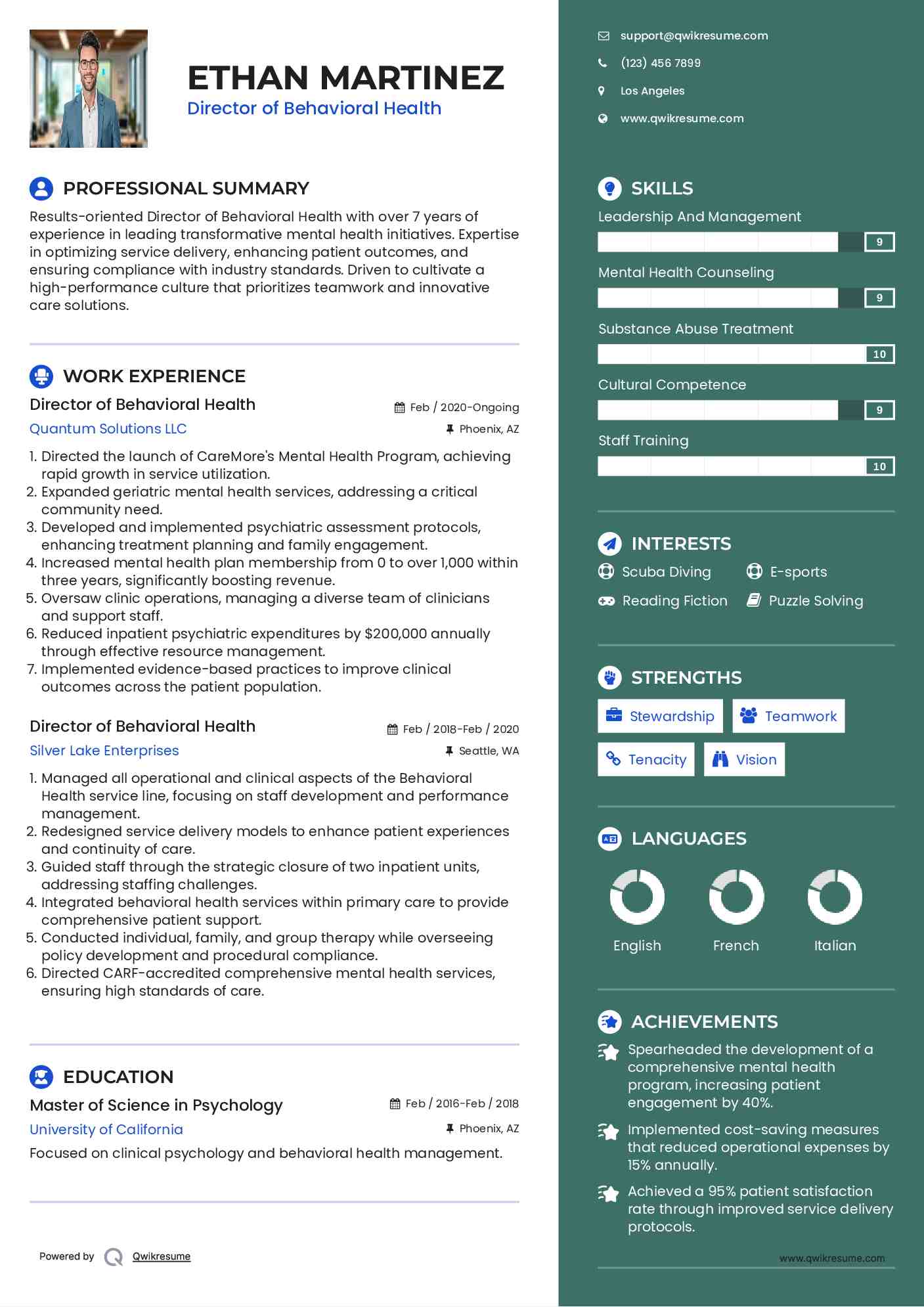 Director of Behavioral Health Resume Example