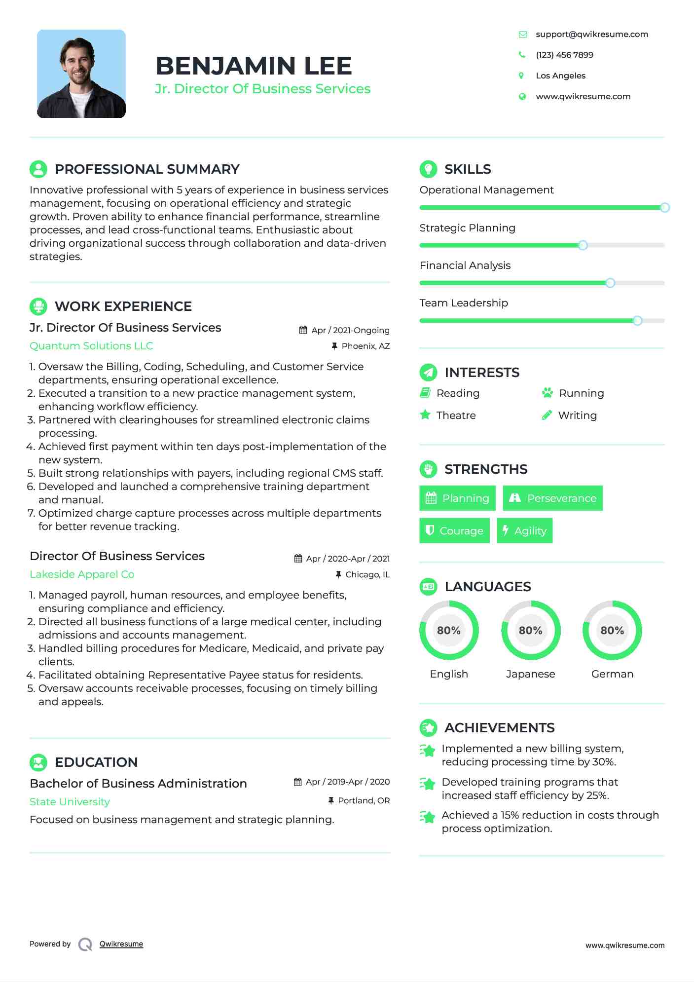 Jr. Director Of Business Services Resume Format