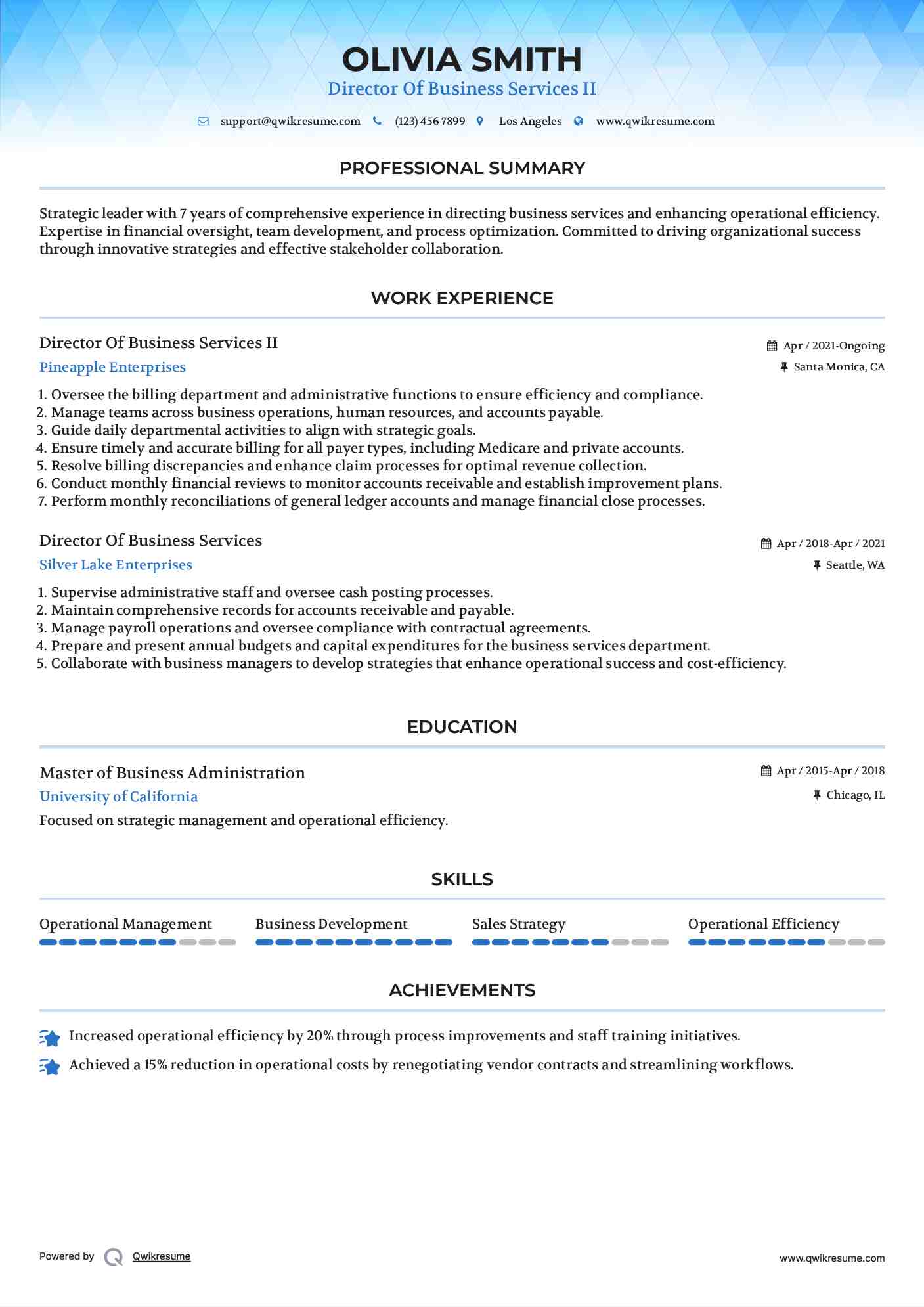 Director Of Business Services II Resume Model