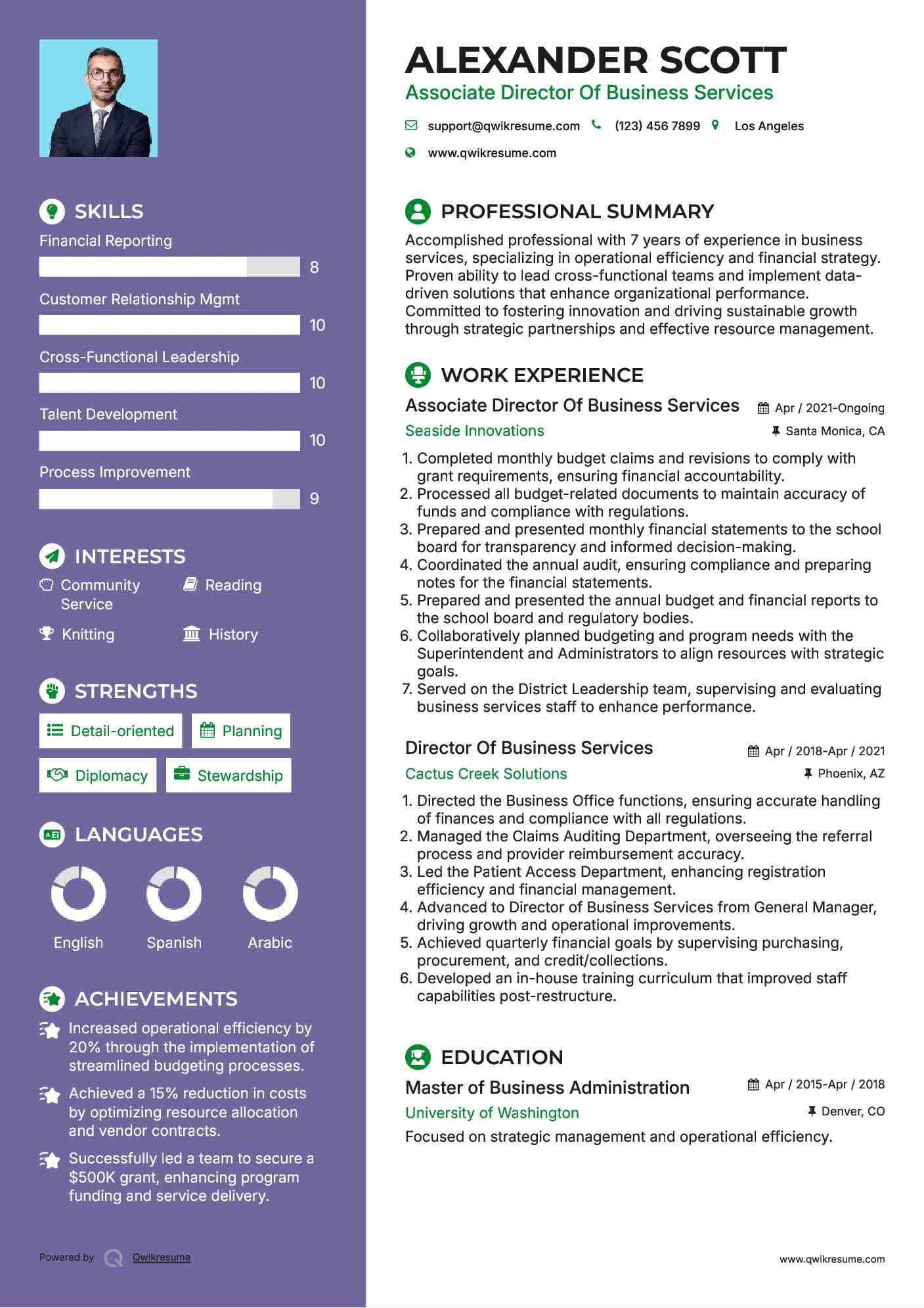 Associate Director Of Business Services Resume Example