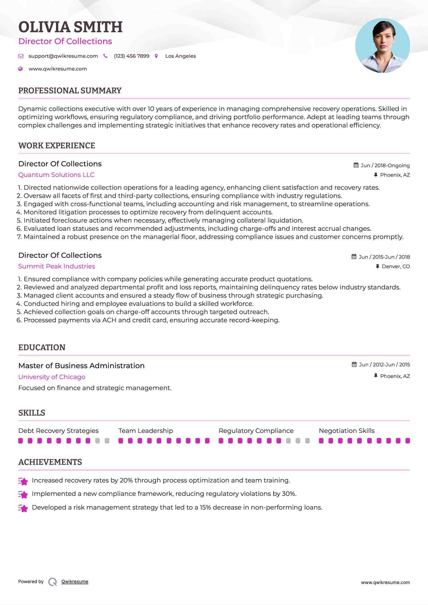 Director Of Collections Resume Sample