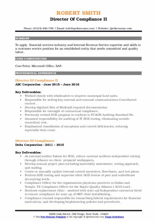 Director Of Compliance Resume Samples QwikResume