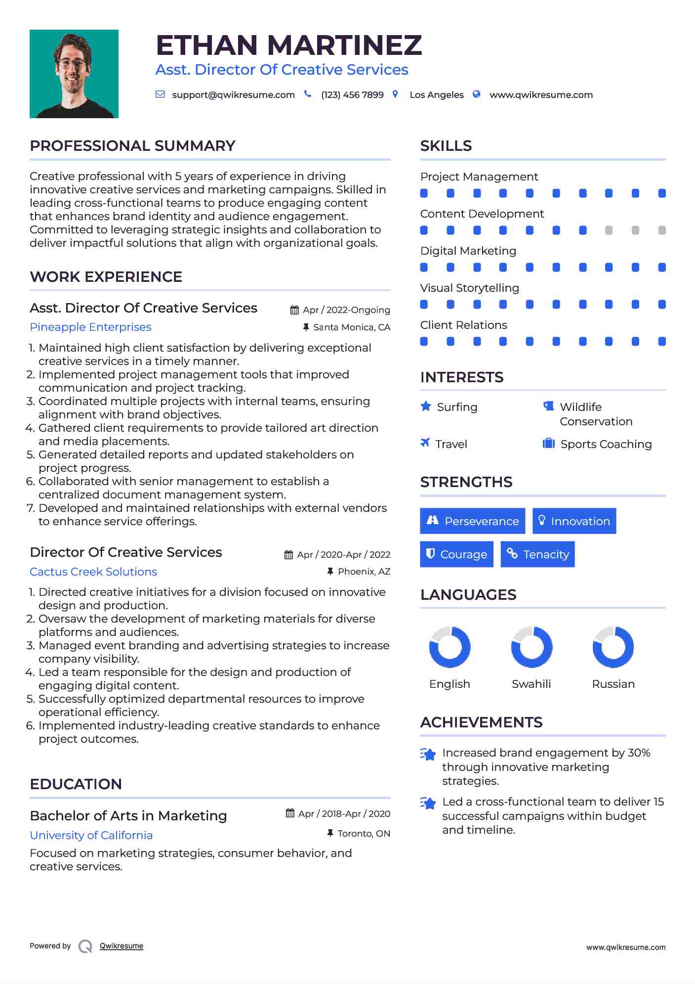 Asst. Director Of Creative Services Resume Example