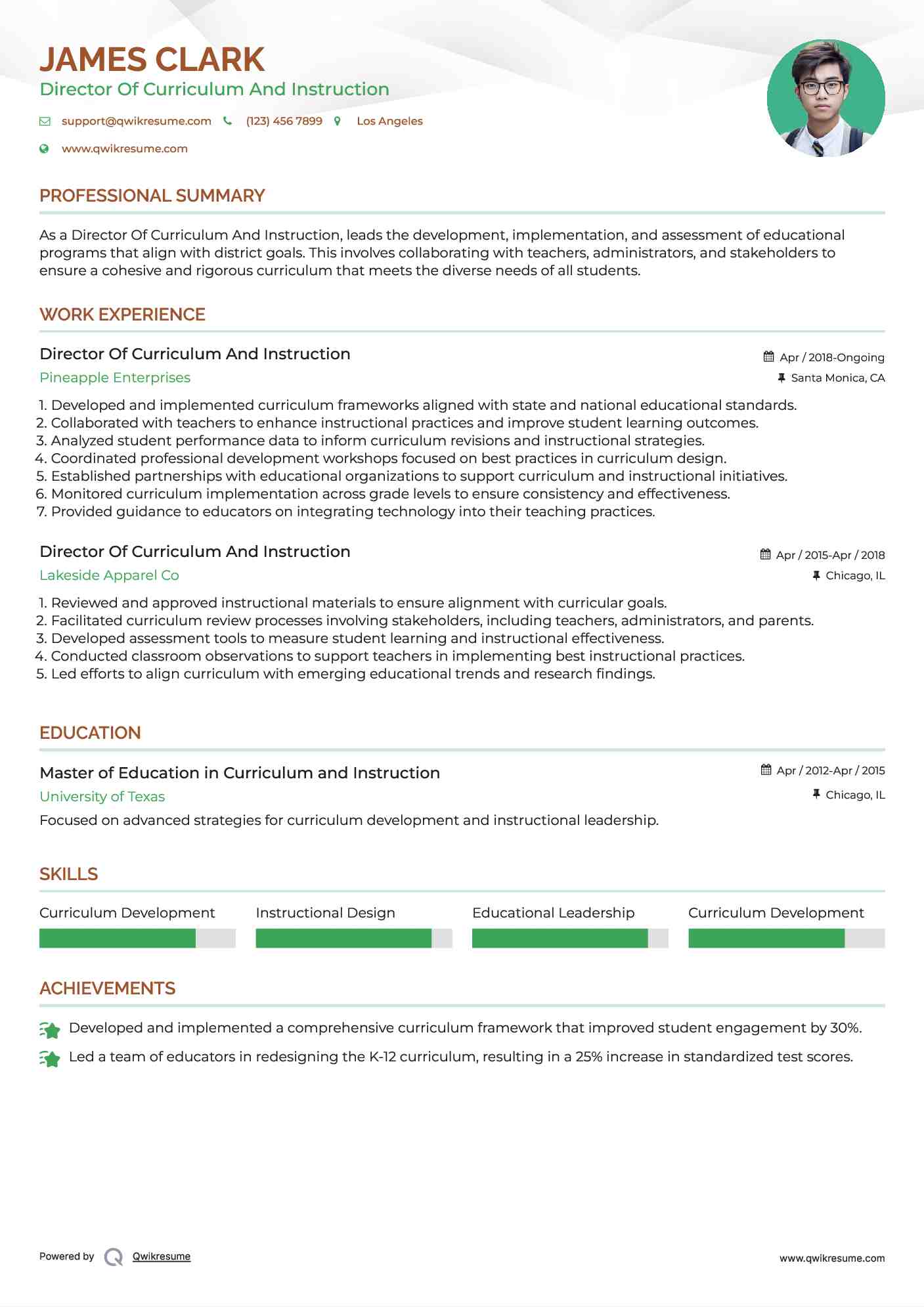 Director Of Curriculum And Instruction Resume Model