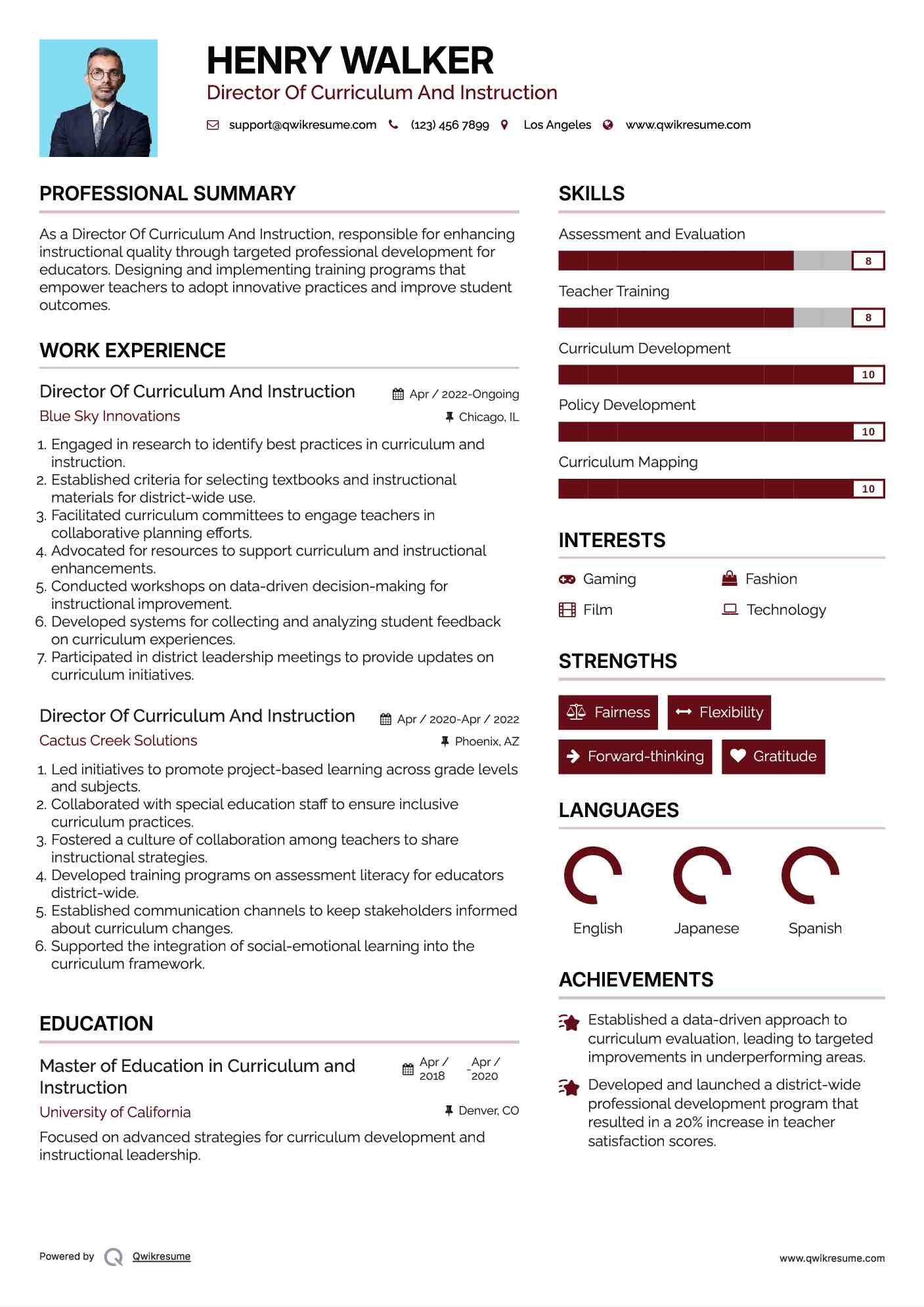 Director Of Curriculum And Instruction Resume Example