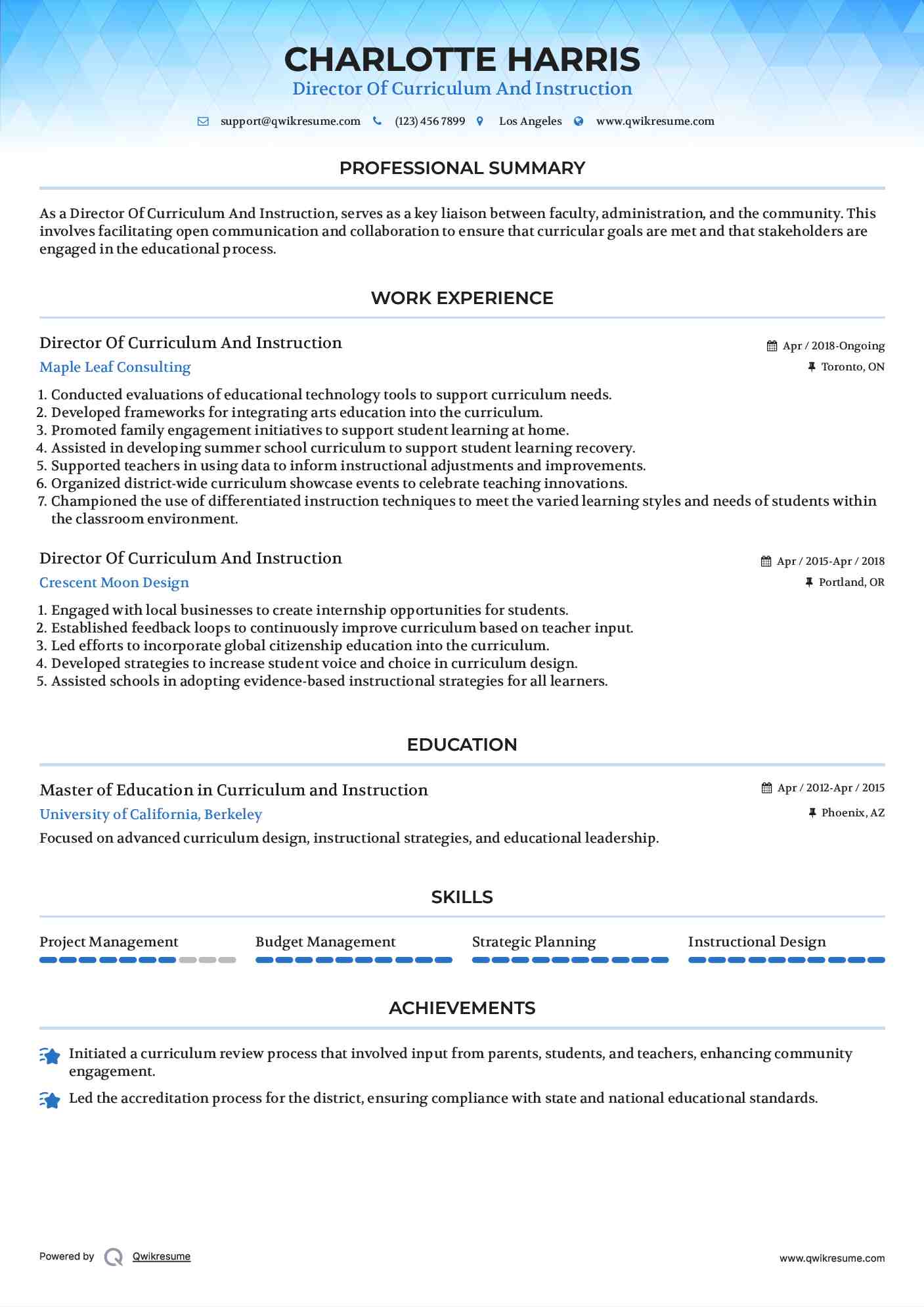 Director Of Curriculum And Instruction Resume Format