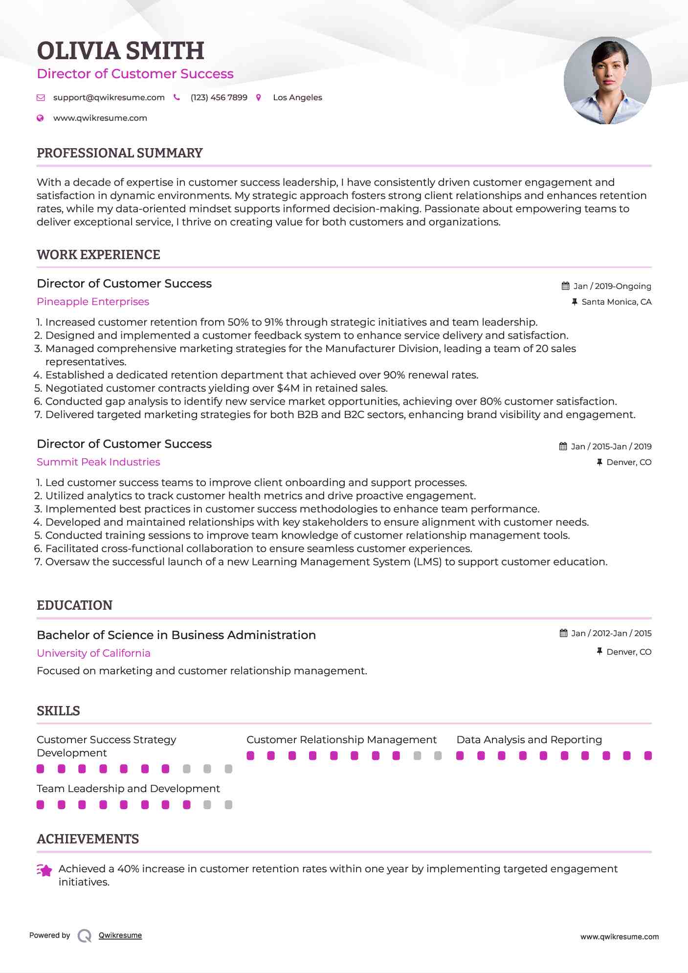 Director of Customer Success Resume Format