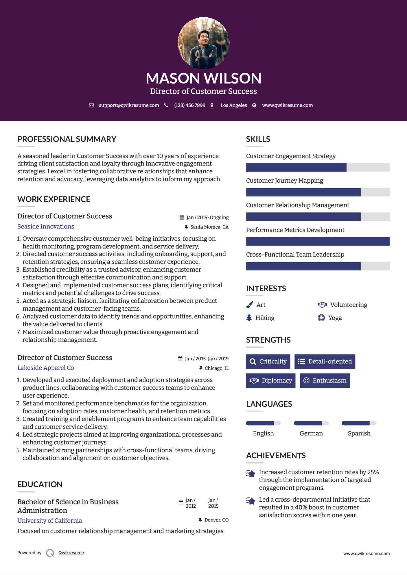 Director of Customer Success Resume Model