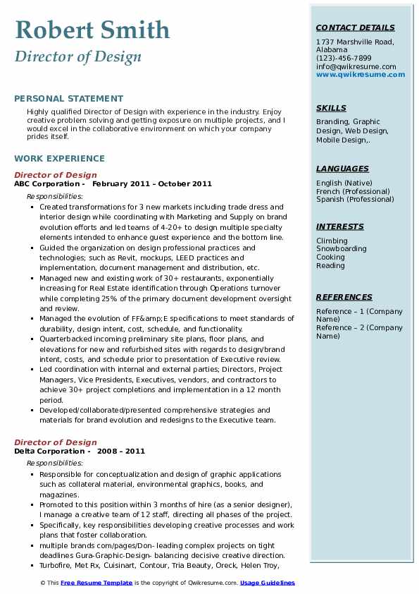 Director of Design Resume Samples QwikResume