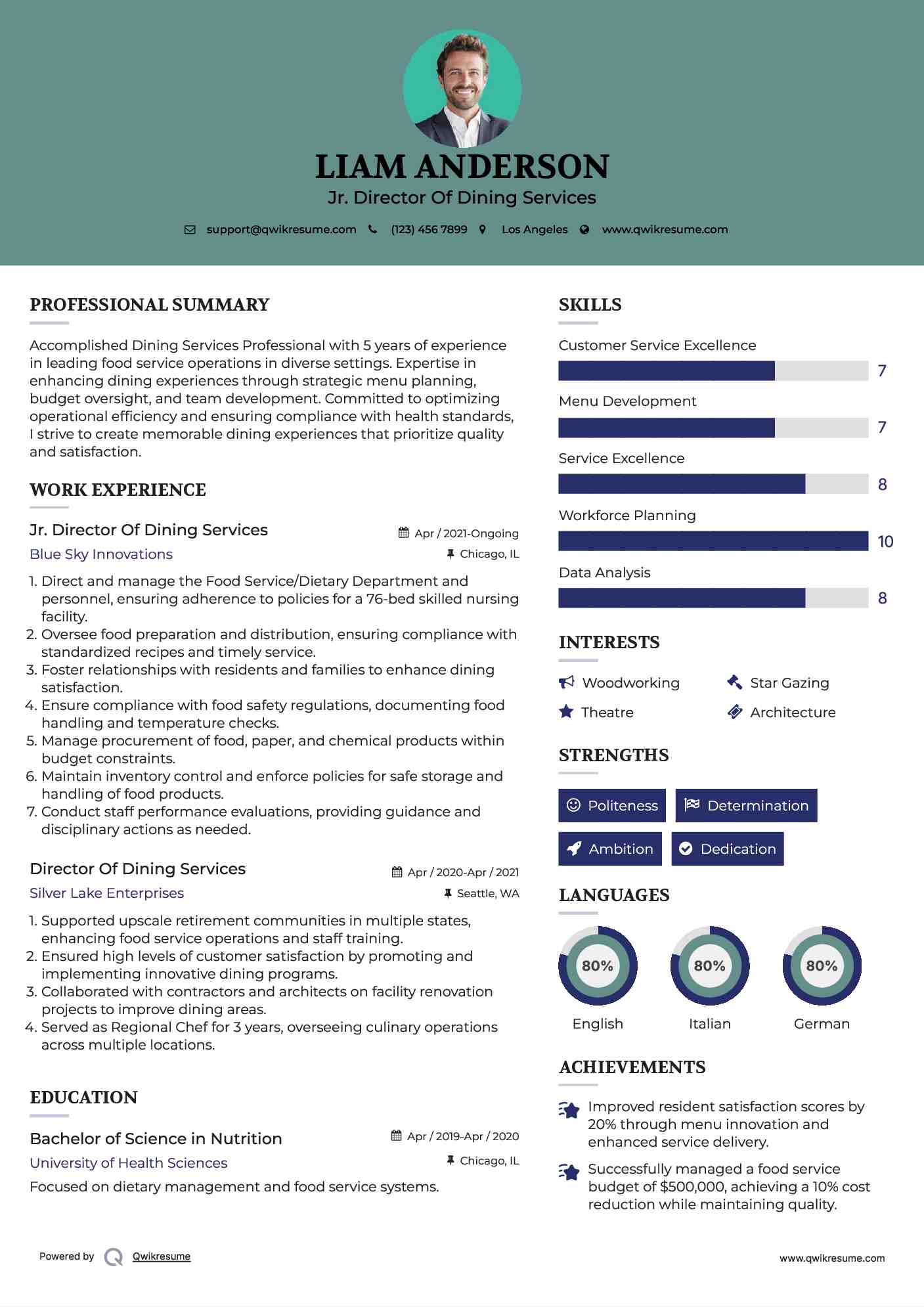 Jr. Director Of Dining Services Resume Template