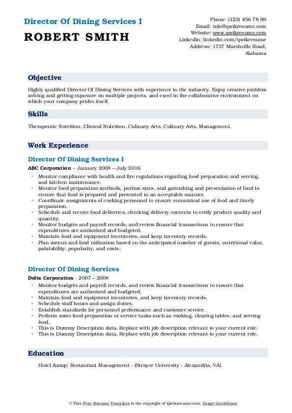 Director Of Dining Services Resume Samples QwikResume