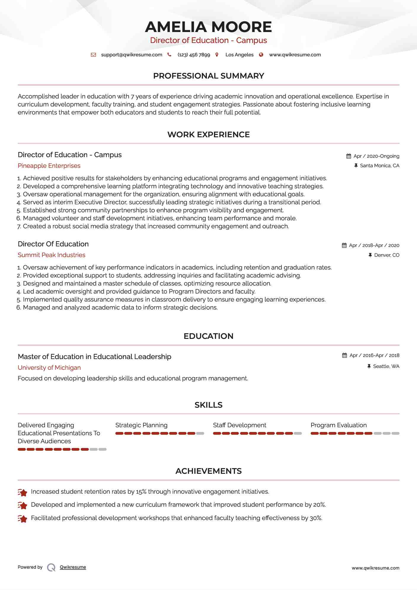 Director of Education - Campus Resume Sample