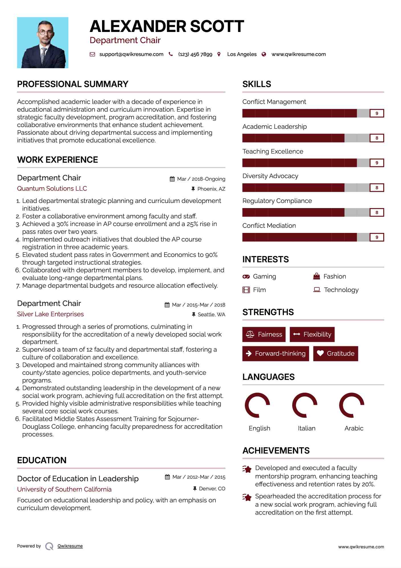 Department Chair Resume Format