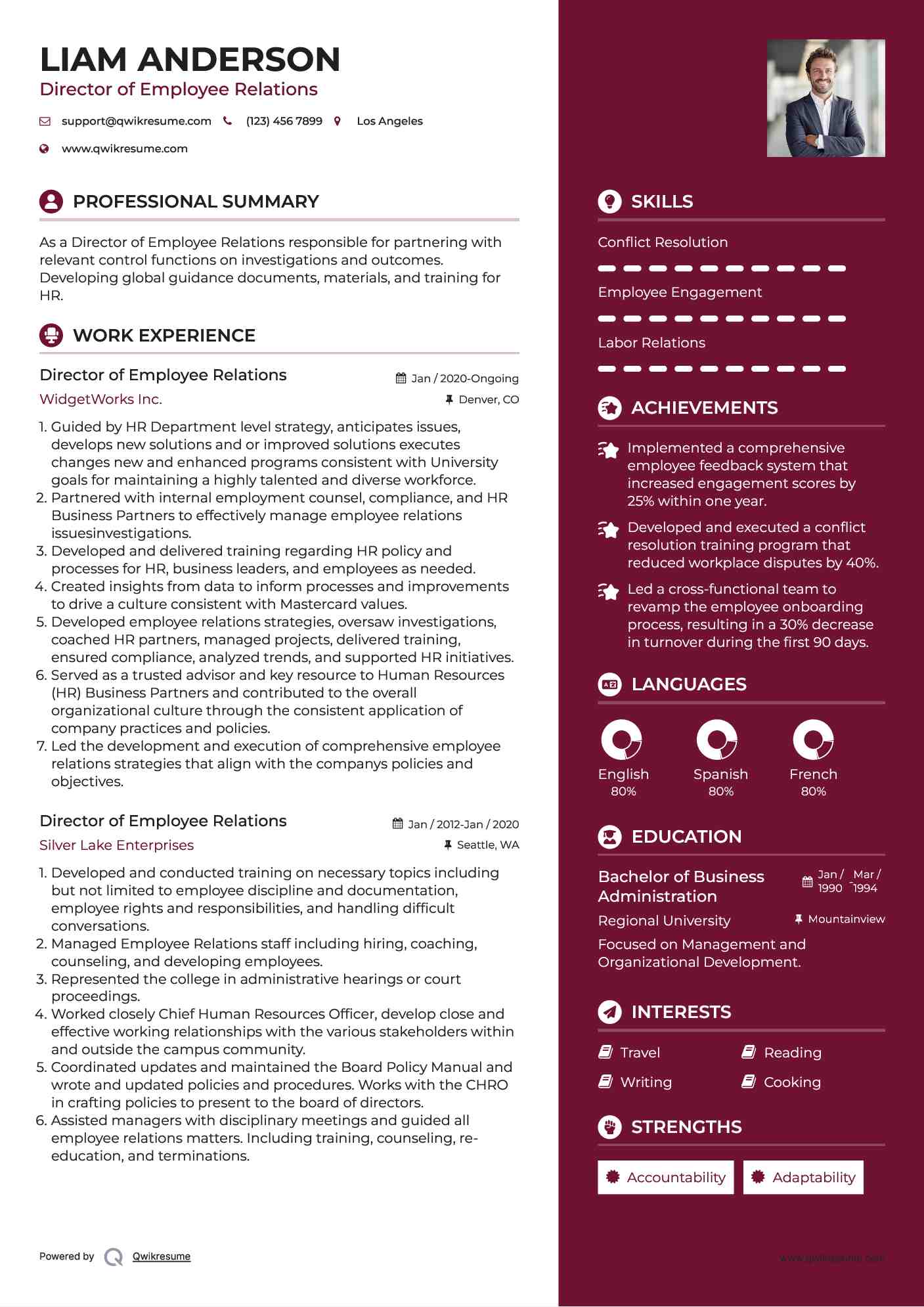 Director of Employee Relations Resume Sample