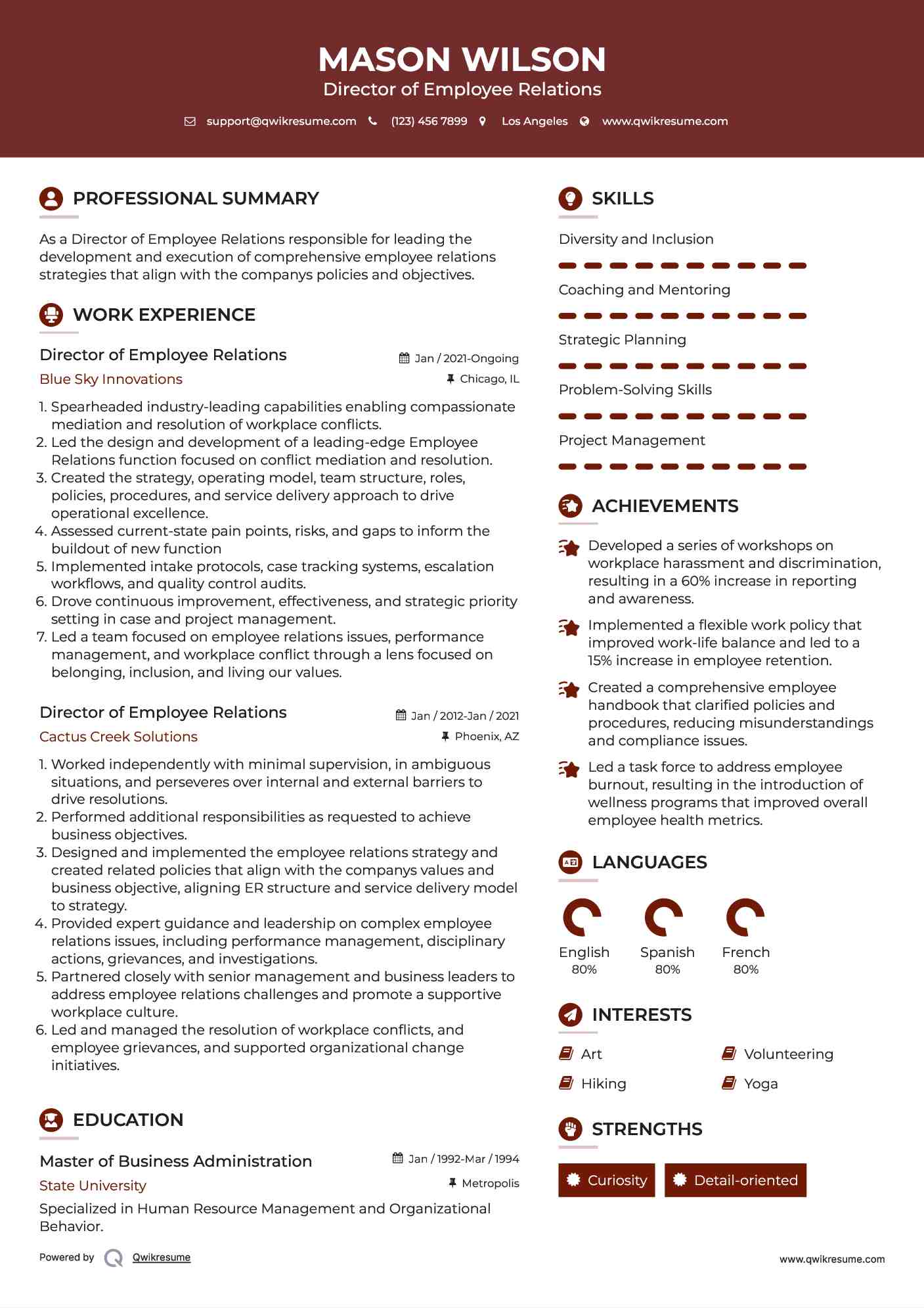 Director of Employee Relations Resume Example