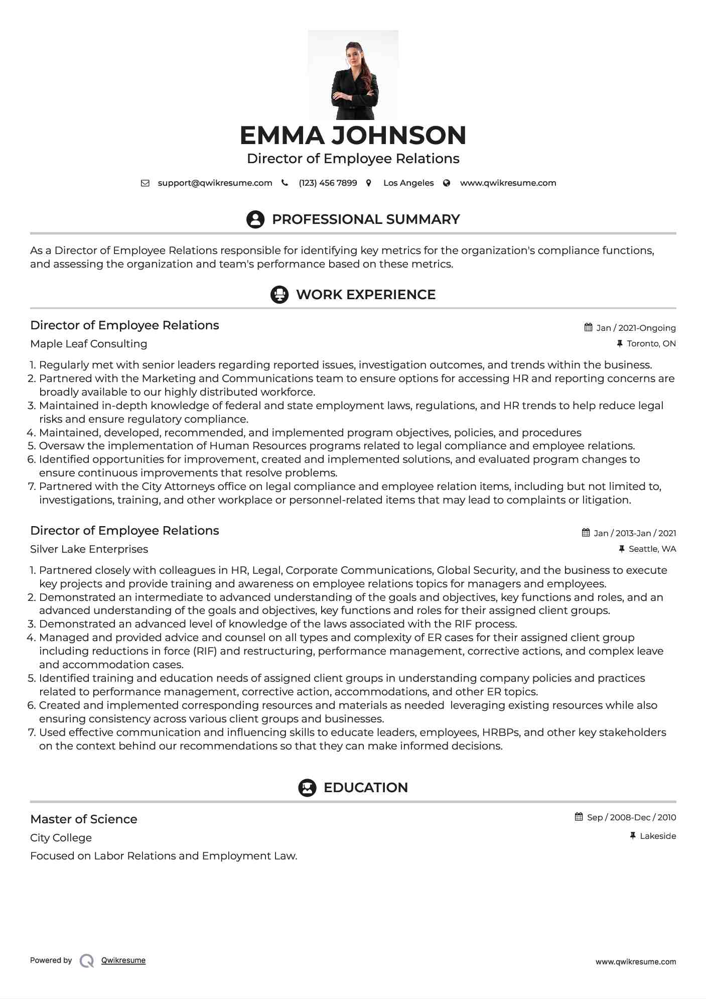 Director of Employee Relations Resume Model