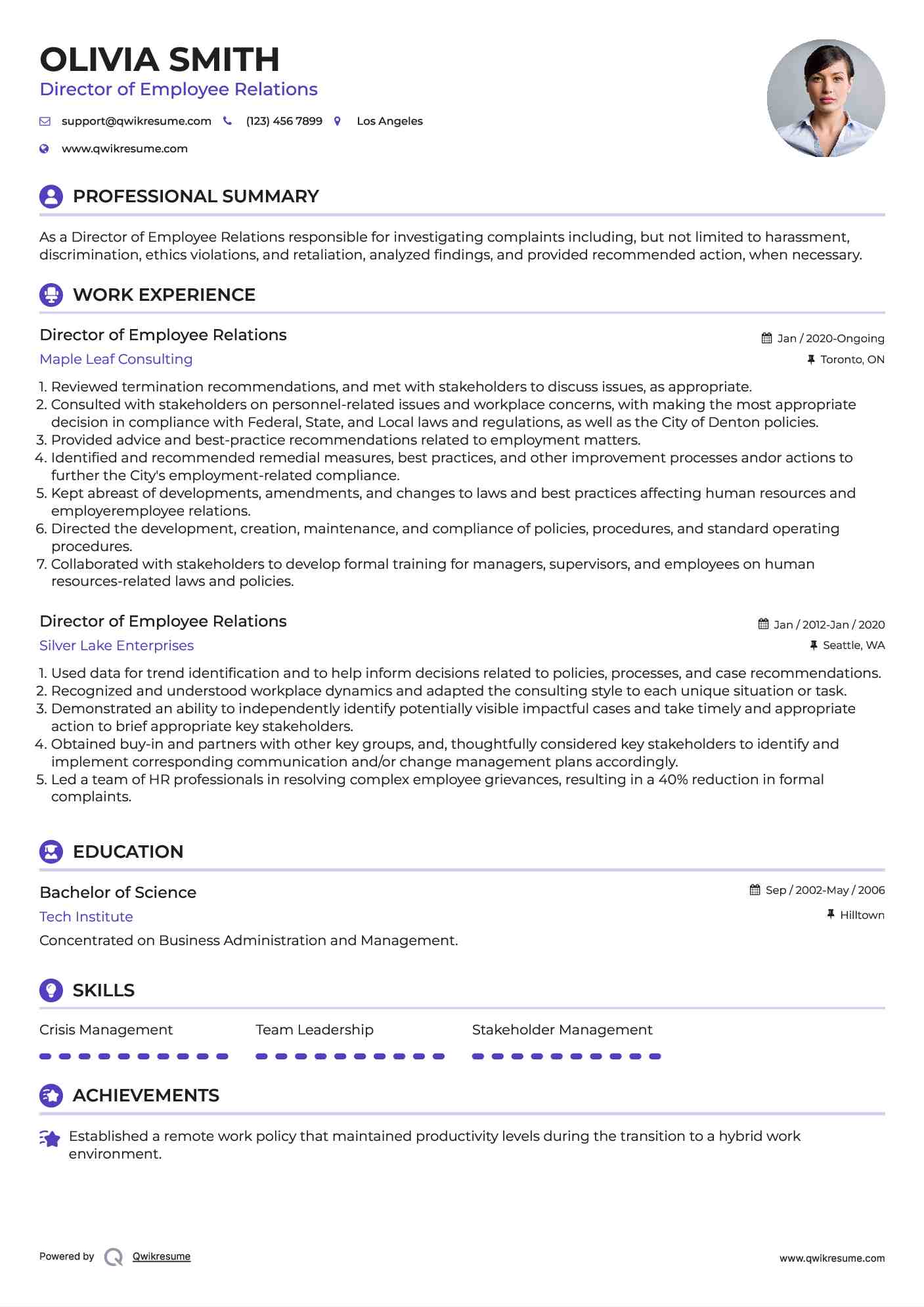 Director of Employee Relations Resume Template