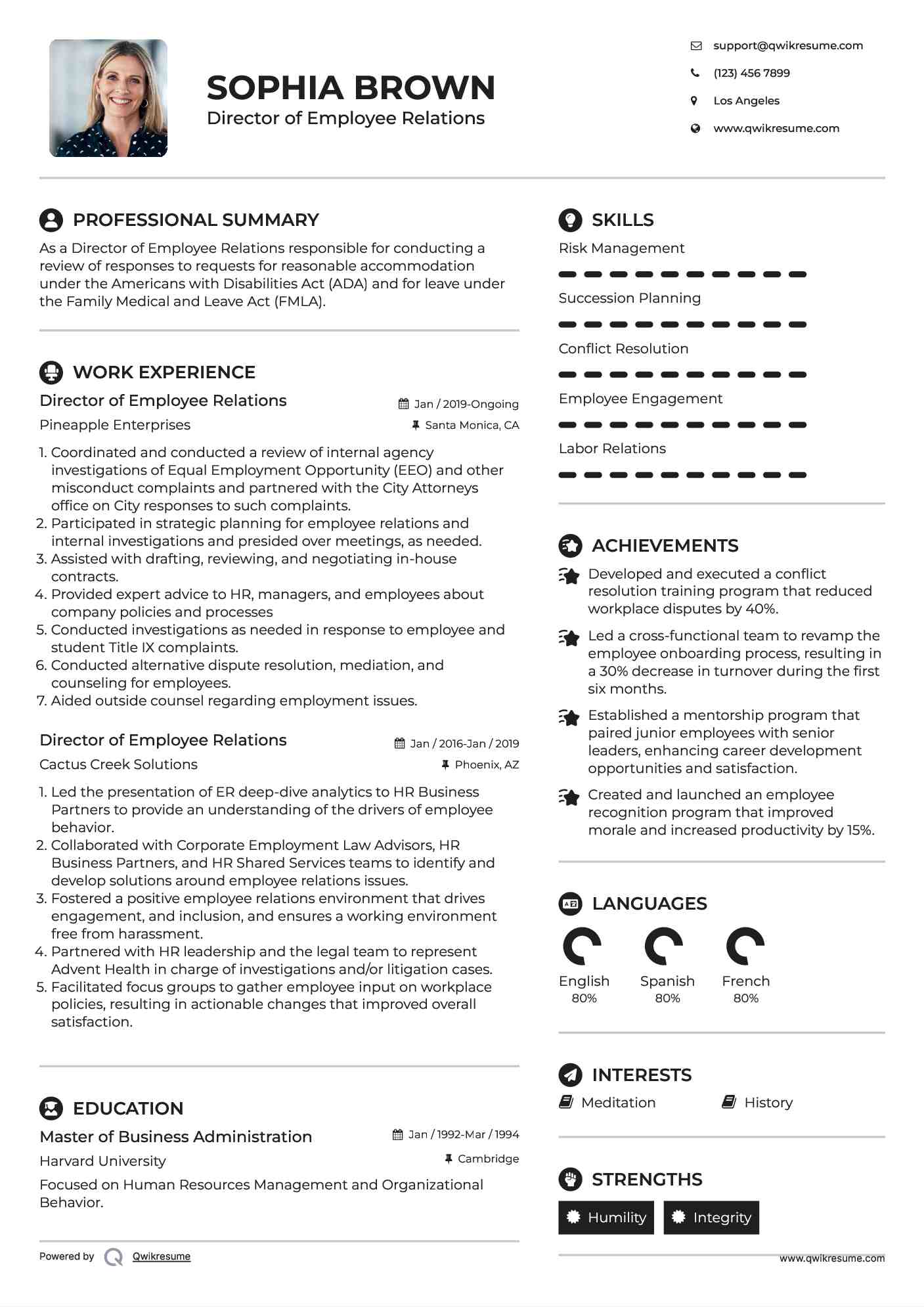 Director of Employee Relations Resume Sample