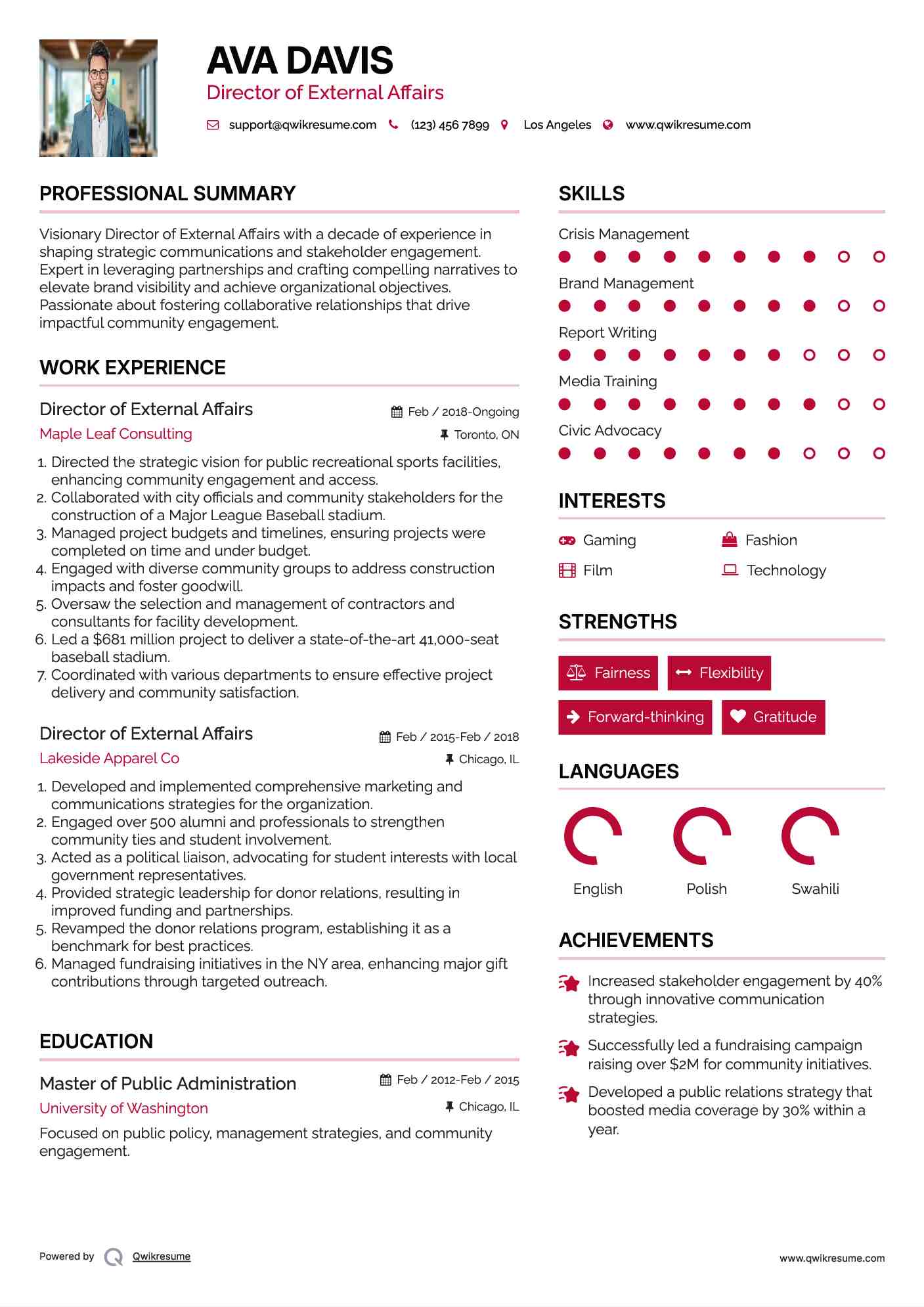 Director of External Affairs Resume Sample