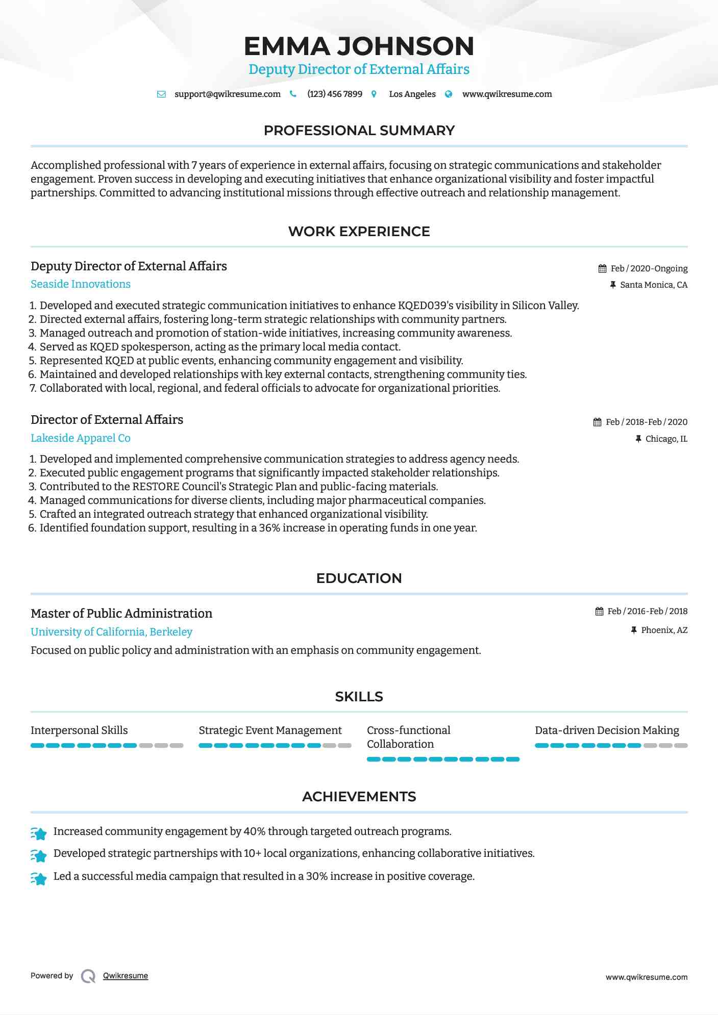 Deputy Director of External Affairs Resume Format