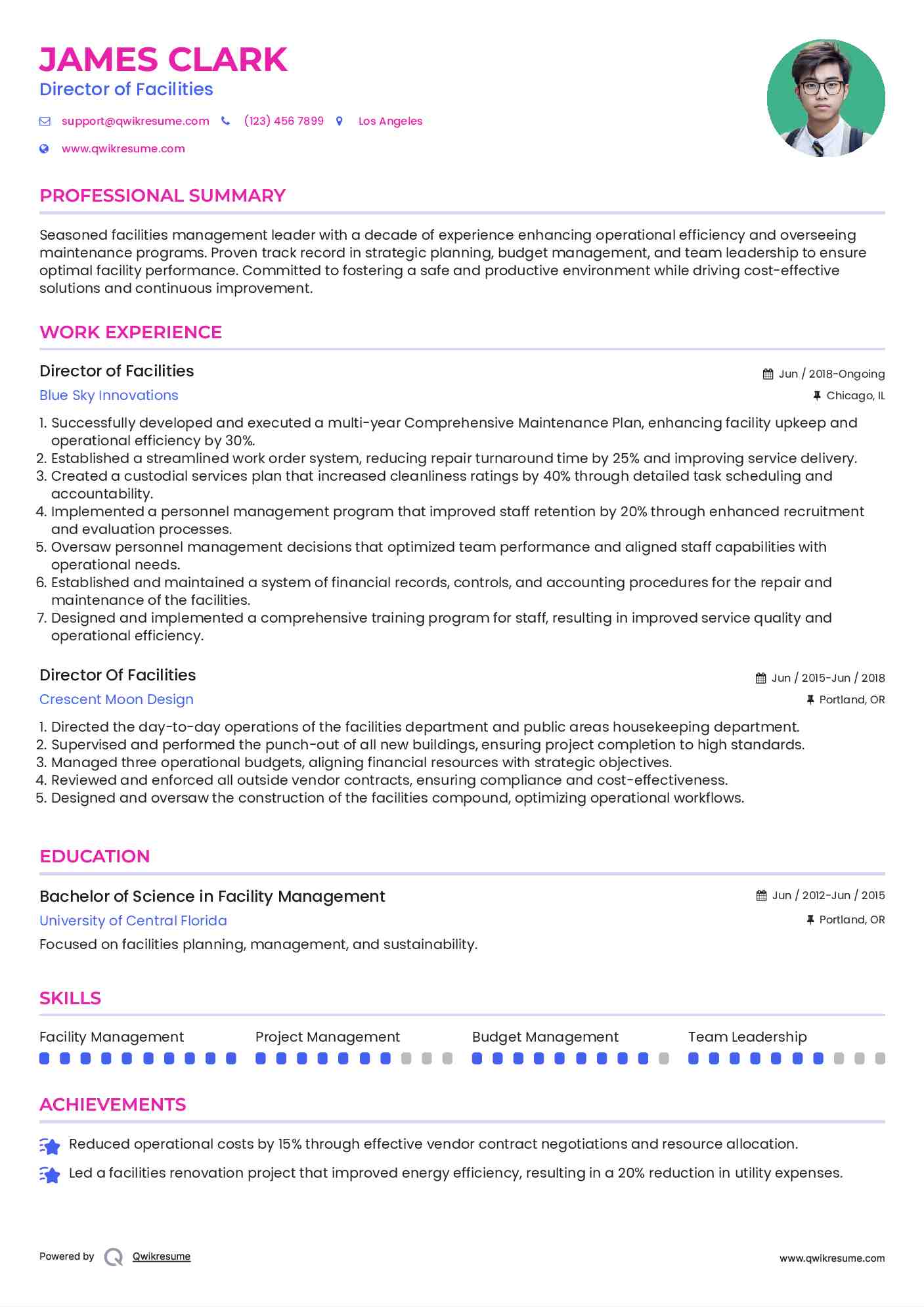 Director of Facilities Resume Sample