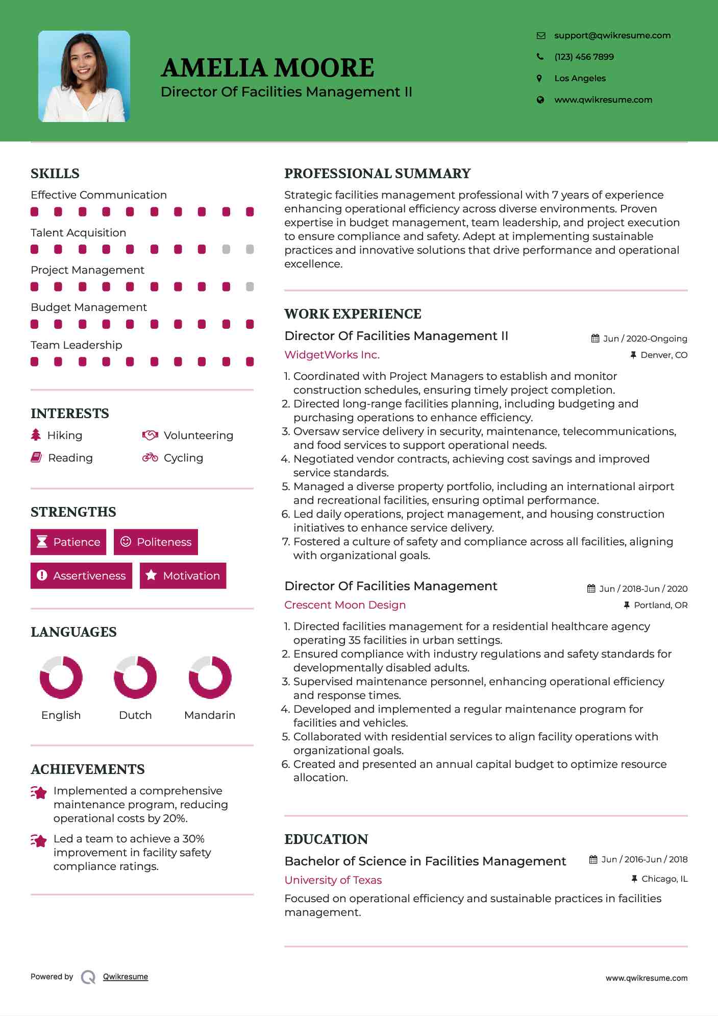 Director Of Facilities Management II Resume Example