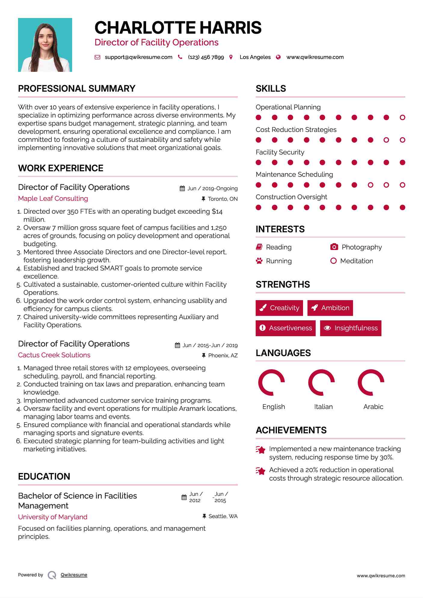 Director of Facility Operations Resume Example