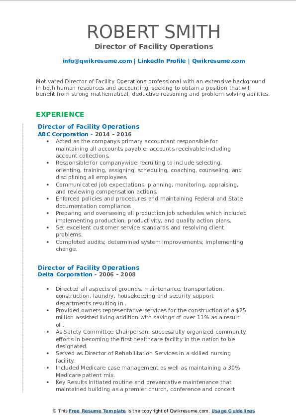 Director of Facility Operations Resume Samples QwikResume
