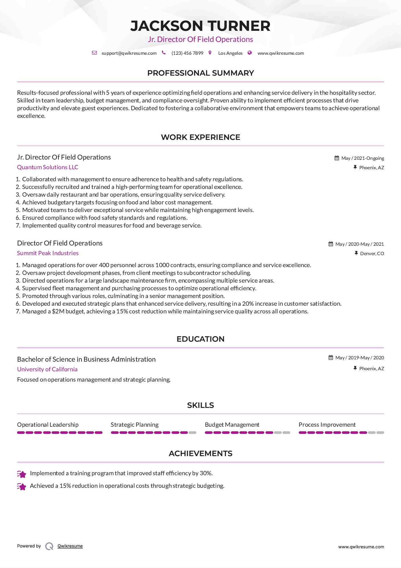 Jr. Director Of Field Operations Resume Example