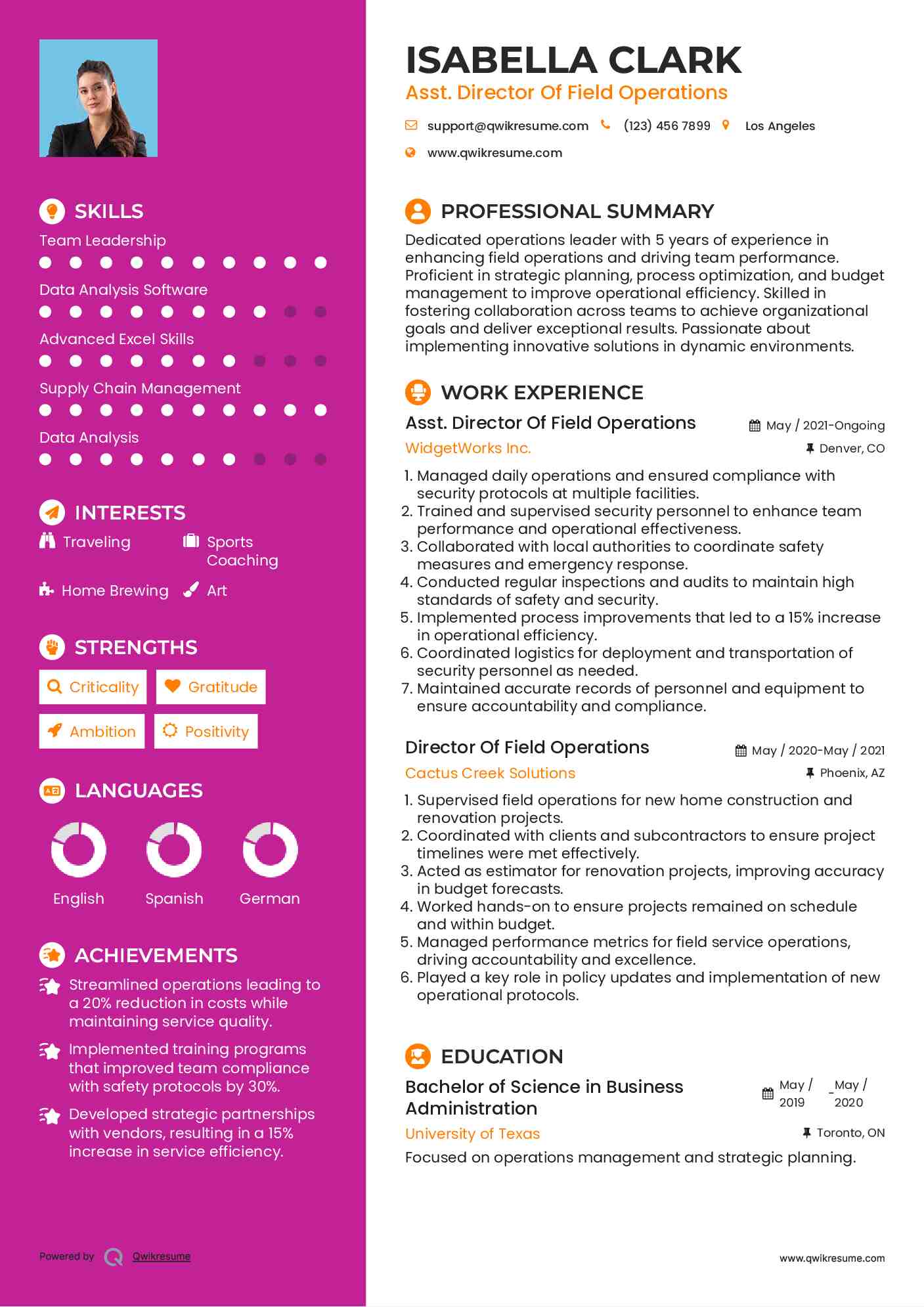 Asst. Director Of Field Operations Resume Example