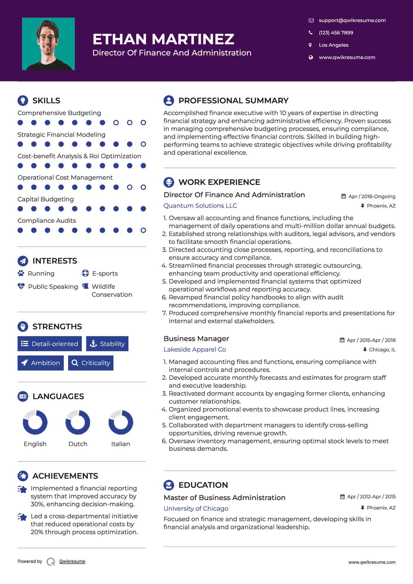 Director Of Finance And Administration Resume Example
