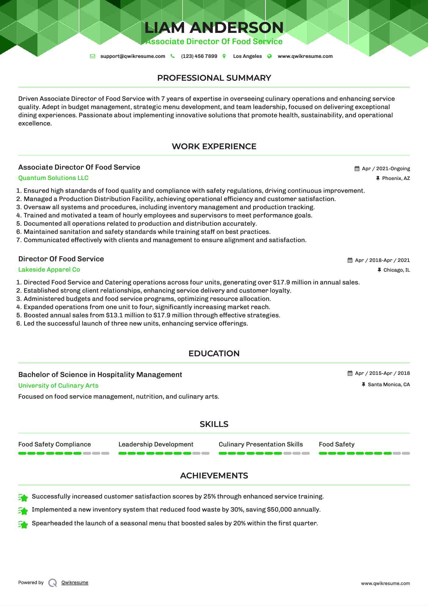 Associate Director Of Food Service Resume Sample
